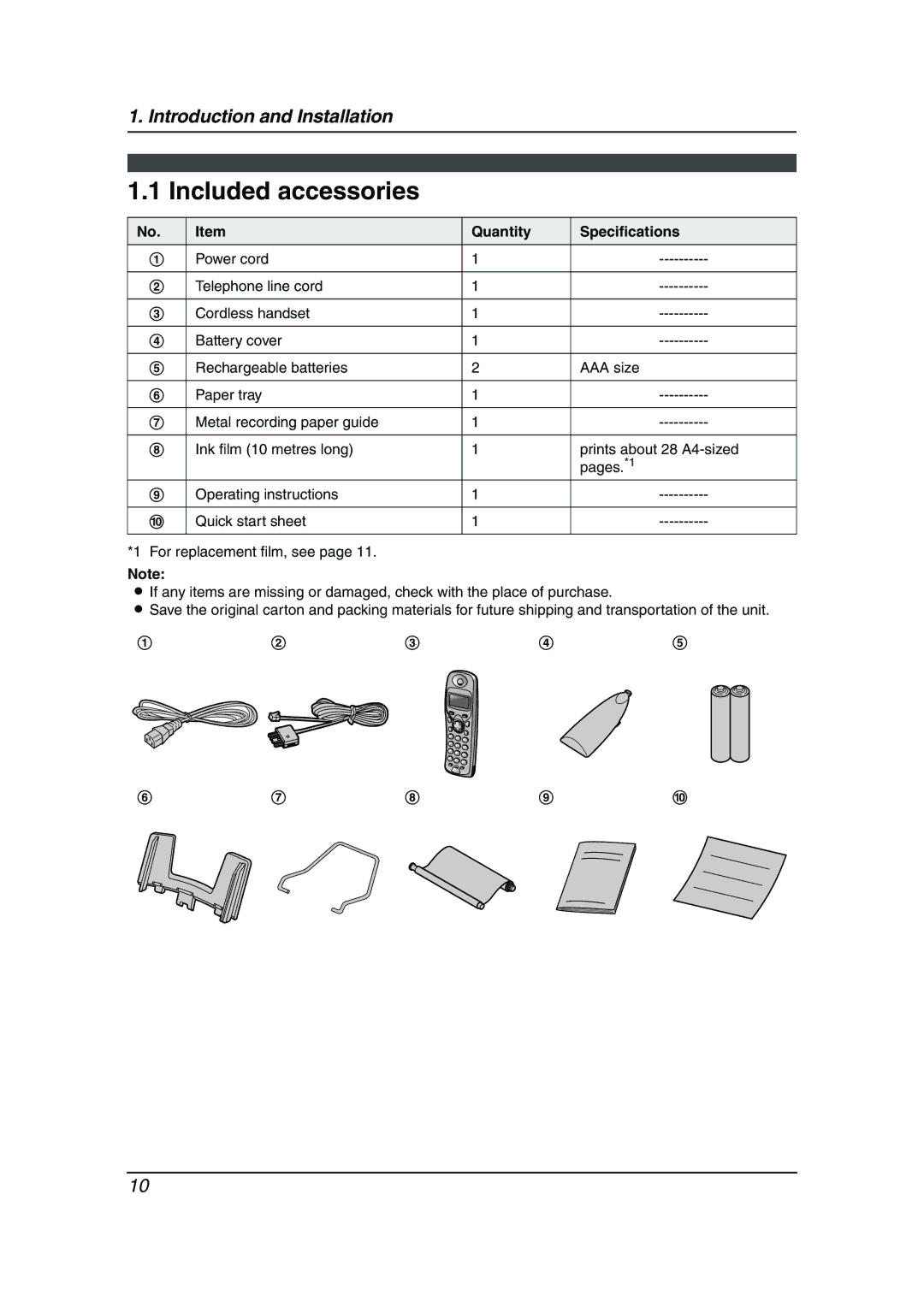 Panasonic KX-FC195AL manual Included accessories, Quantity Specifications 