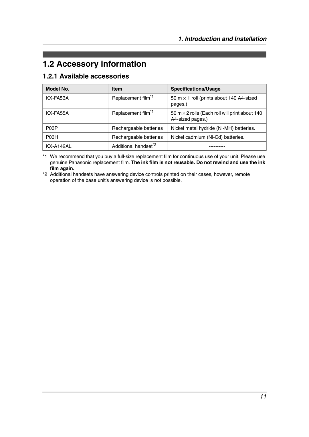 Panasonic KX-FC195AL manual Accessory information, Available accessories, Model No Specifications/Usage 