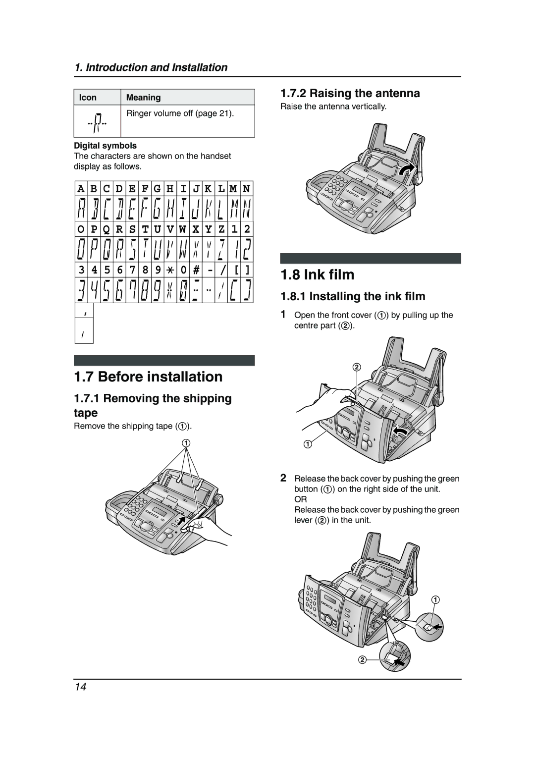 Panasonic KX-FC195AL manual Before installation, Ink film, Raising the antenna, Removing the shipping Tape 