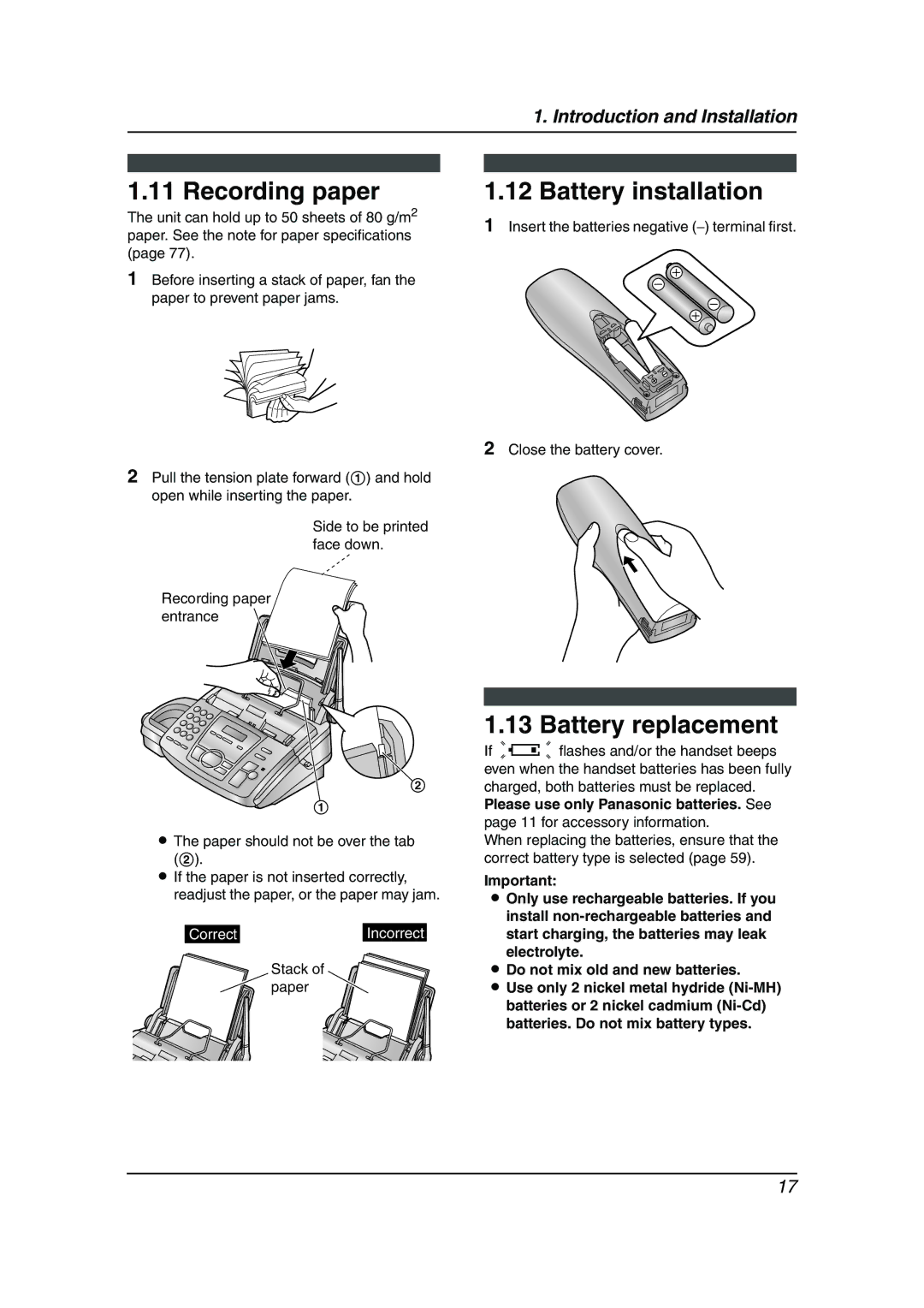 Panasonic KX-FC195AL manual Recording paper, Battery installation, Battery replacement 