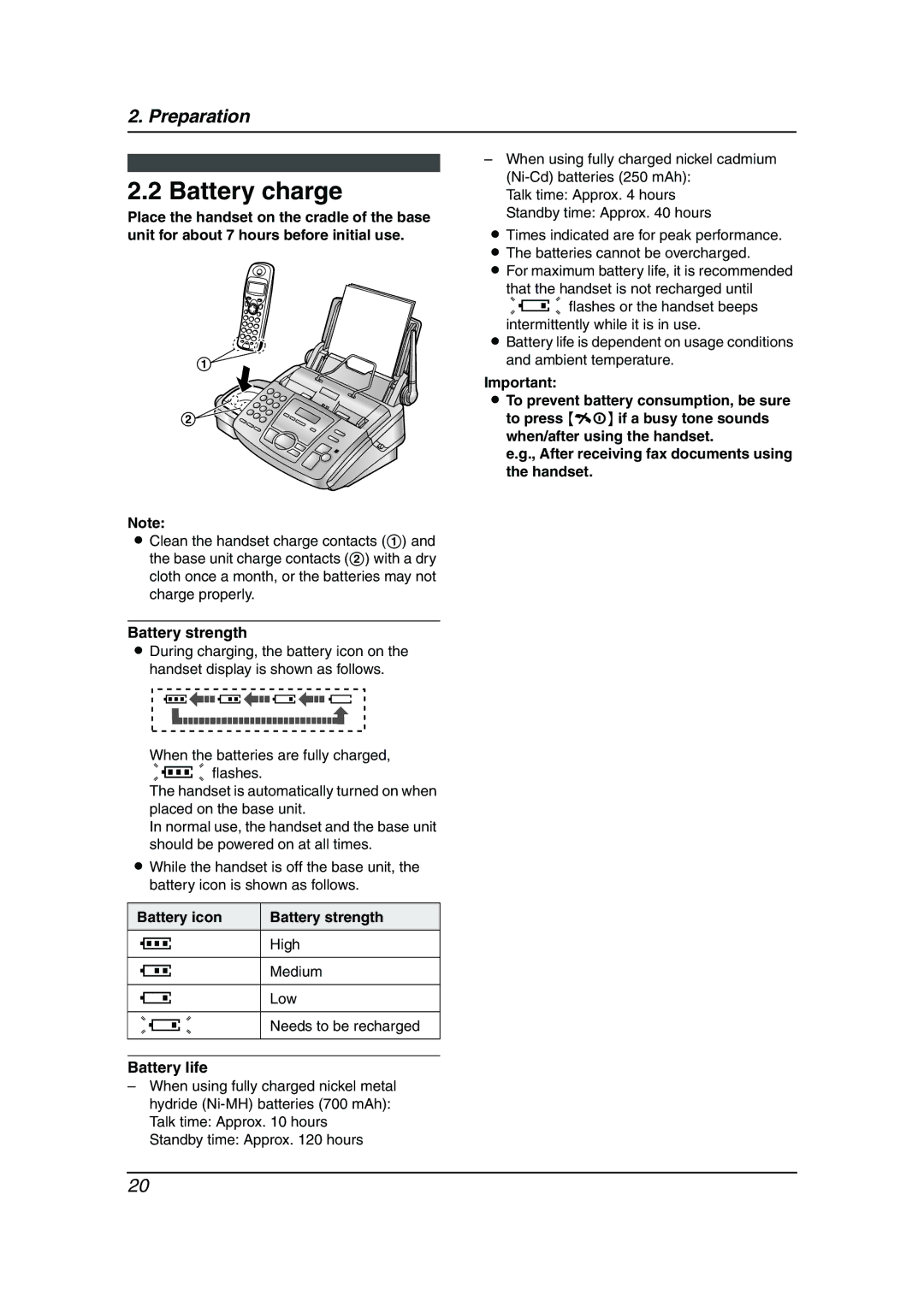 Panasonic KX-FC195AL manual Battery charge, Battery icon Battery strength, Battery life 