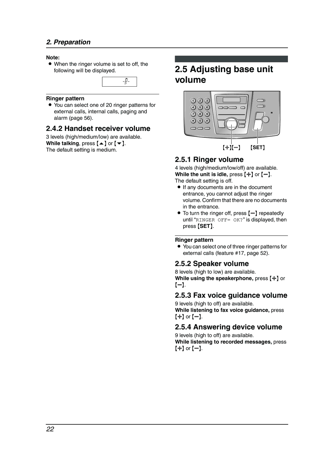 Panasonic KX-FC195AL manual Adjusting base unit volume, Handset receiver volume, Speaker volume, Fax voice guidance volume 