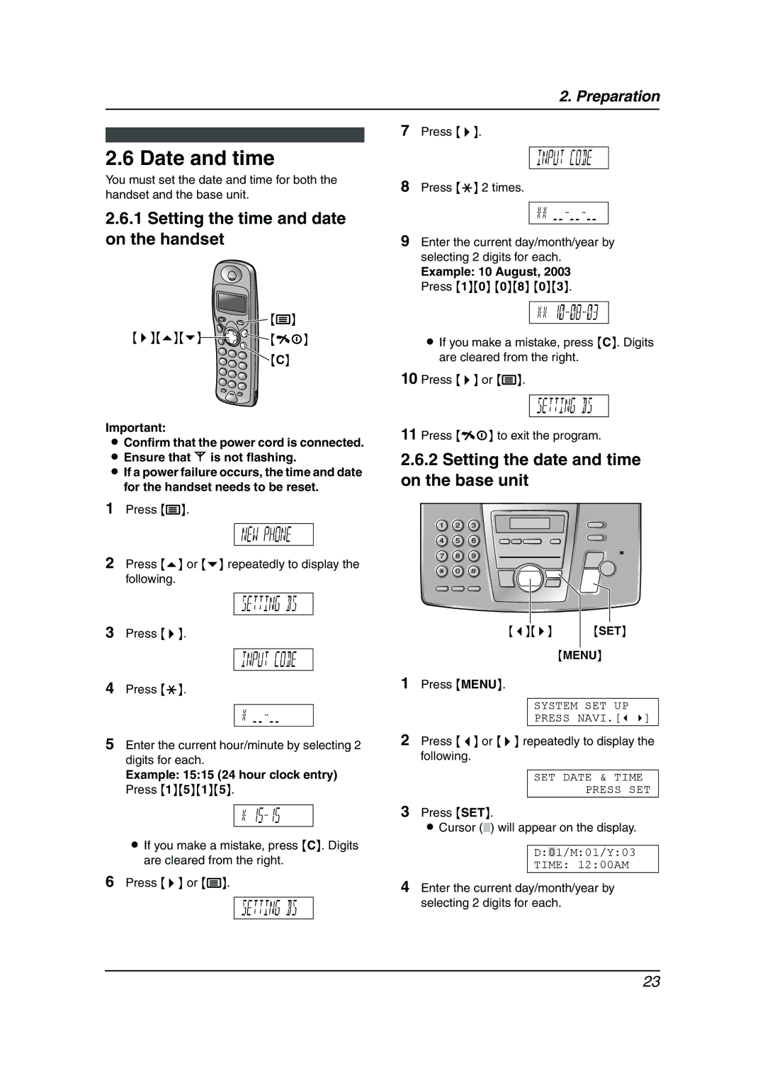 Panasonic KX-FC195AL Date and time, Setting the time and date on the handset, Setting the date and time on the base unit 