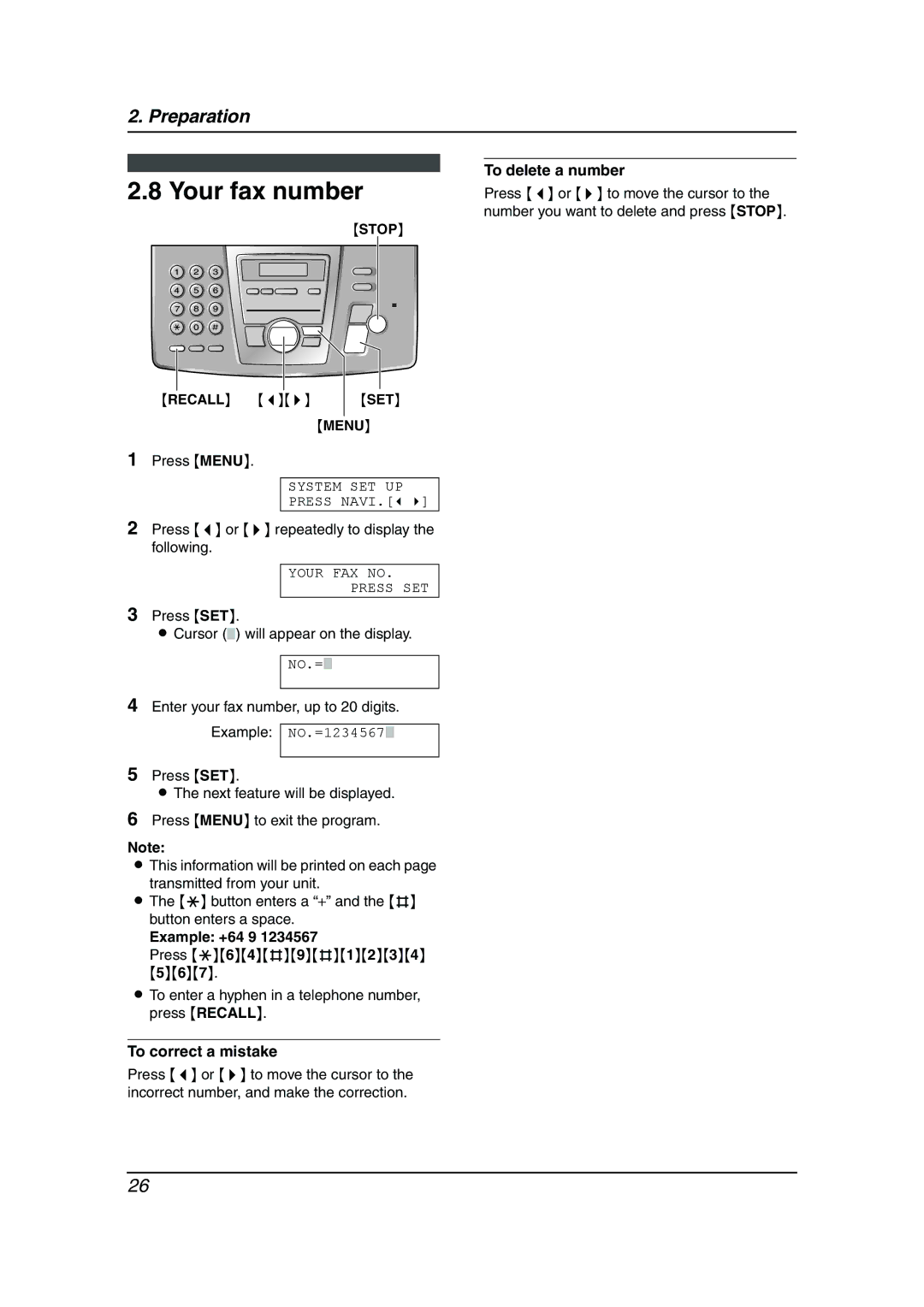 Panasonic KX-FC195AL manual Your fax number, Example +64 9, To delete a number 