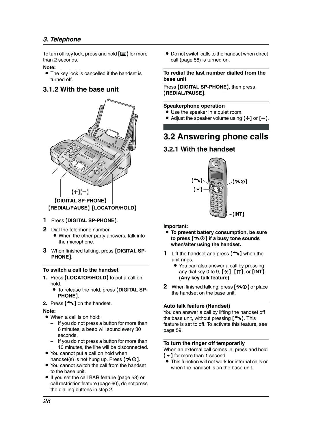 Panasonic KX-FC195AL manual Answering phone calls, With the base unit 