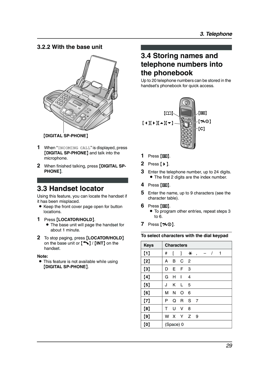 Panasonic KX-FC195AL manual Handset locator, Storing names and telephone numbers into the phonebook, Press LOCATOR/HOLD 