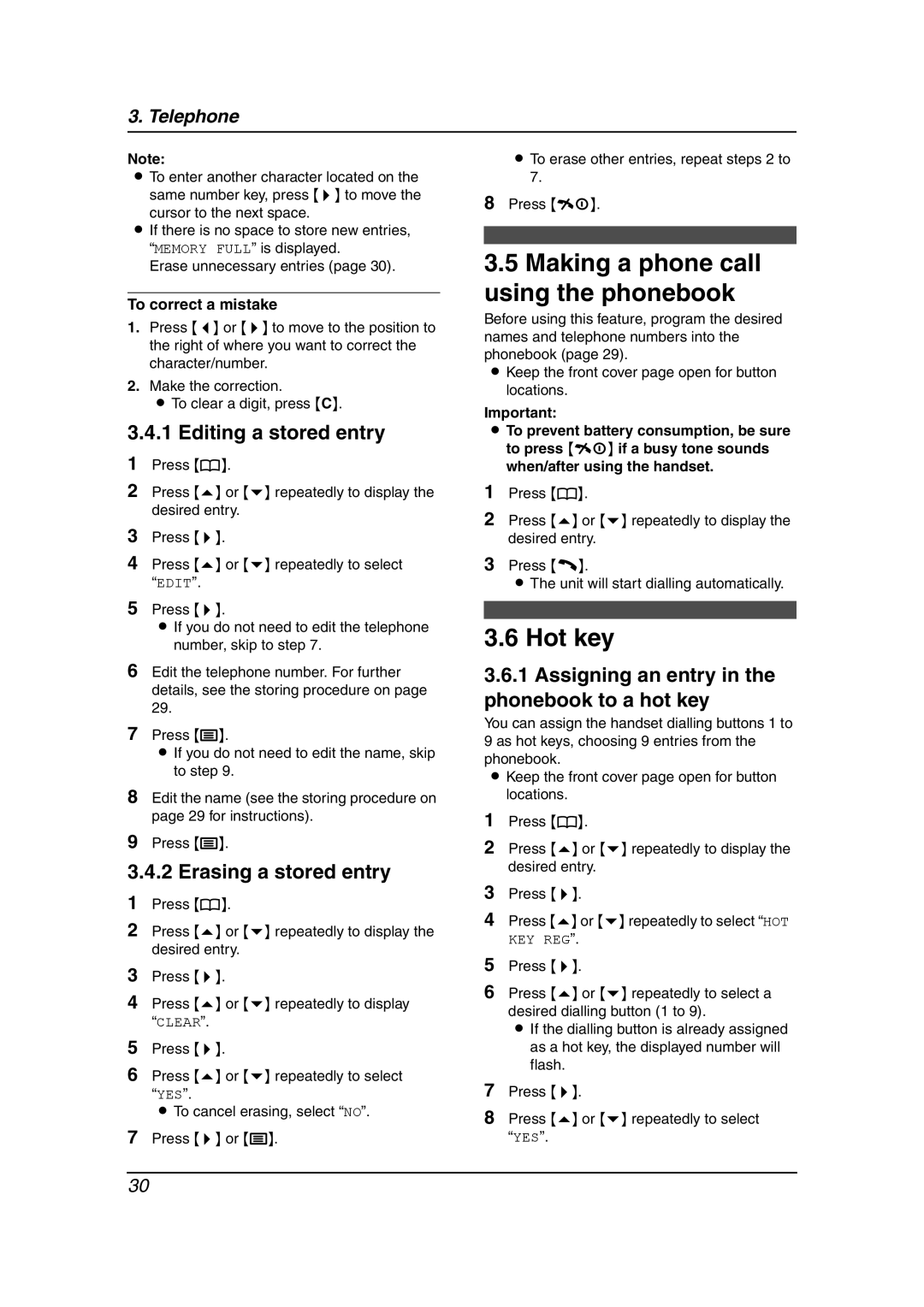 Panasonic KX-FC195AL Making a phone call using the phonebook, Hot key, Editing a stored entry, Erasing a stored entry 