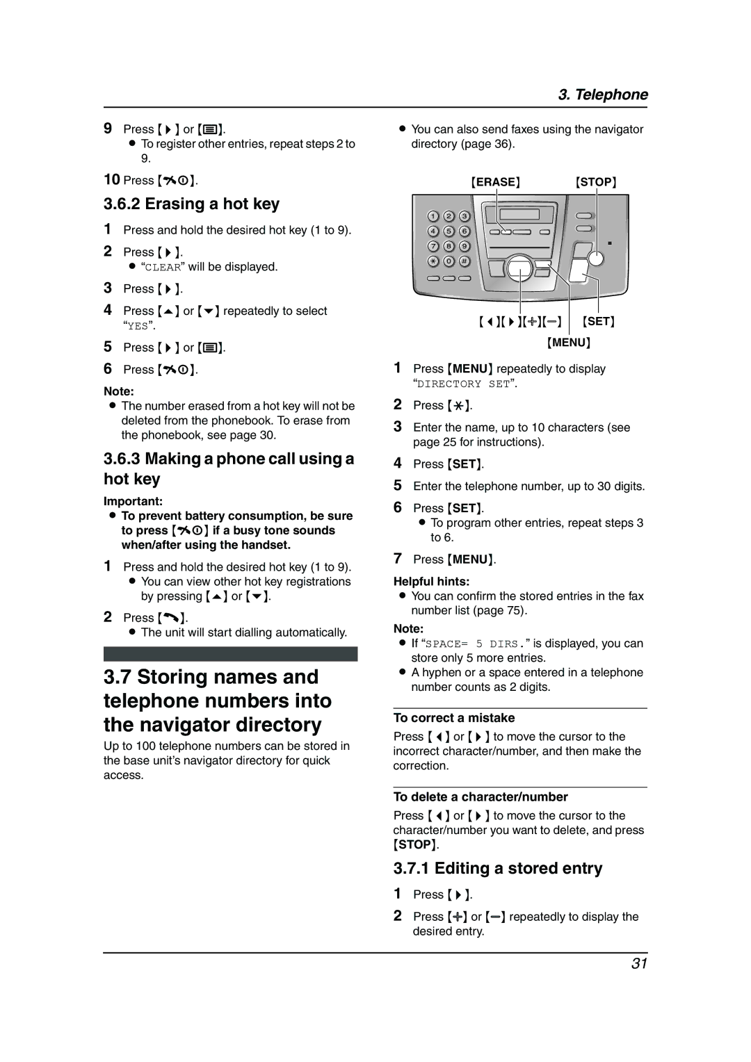 Panasonic KX-FC195AL Erasing a hot key, Making a phone call using a hot key, Helpful hints, To delete a character/number 