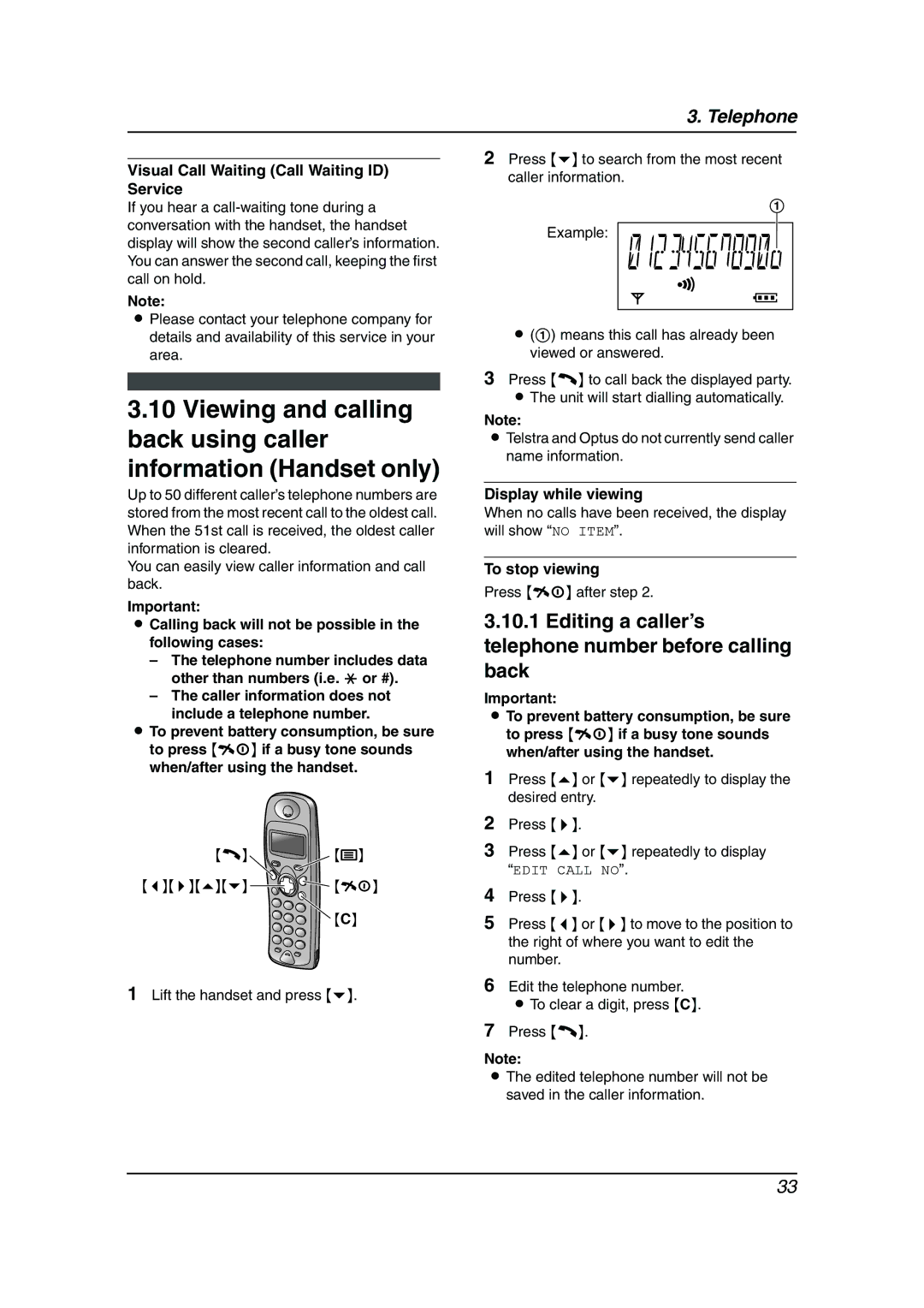 Panasonic KX-FC195AL Visual Call Waiting Call Waiting ID Service, Calling back will not be possible in the following cases 