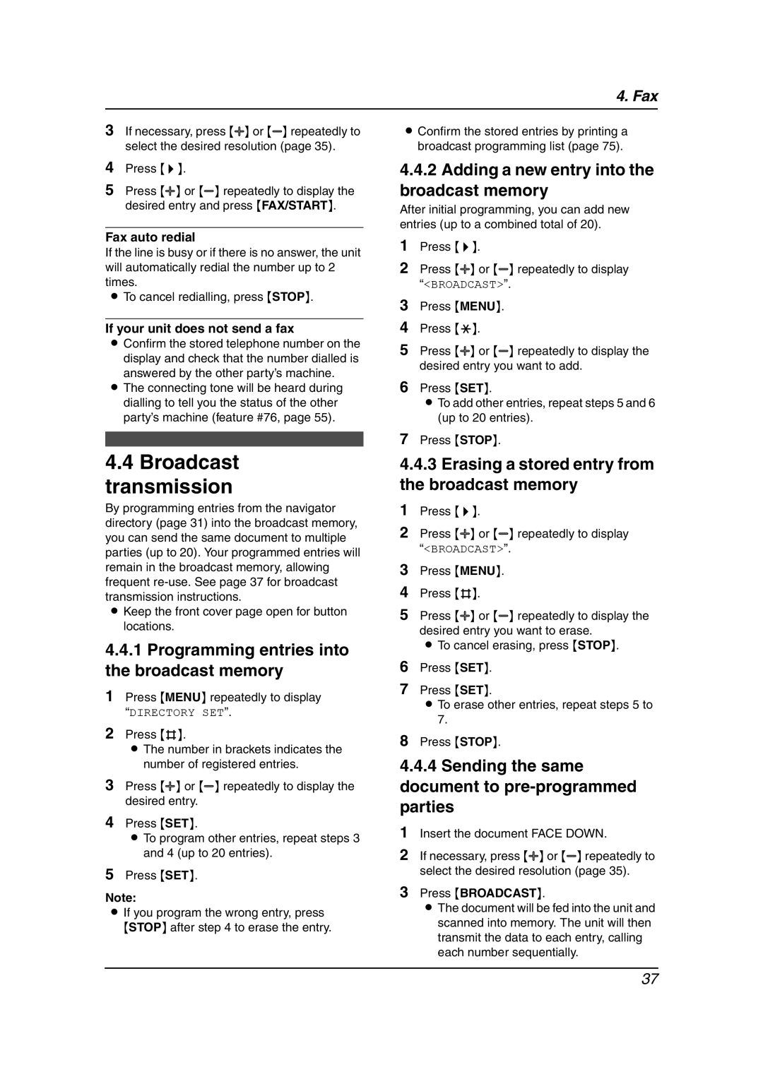 Panasonic KX-FC195AL manual Broadcast transmission, Programming entries into the broadcast memory 