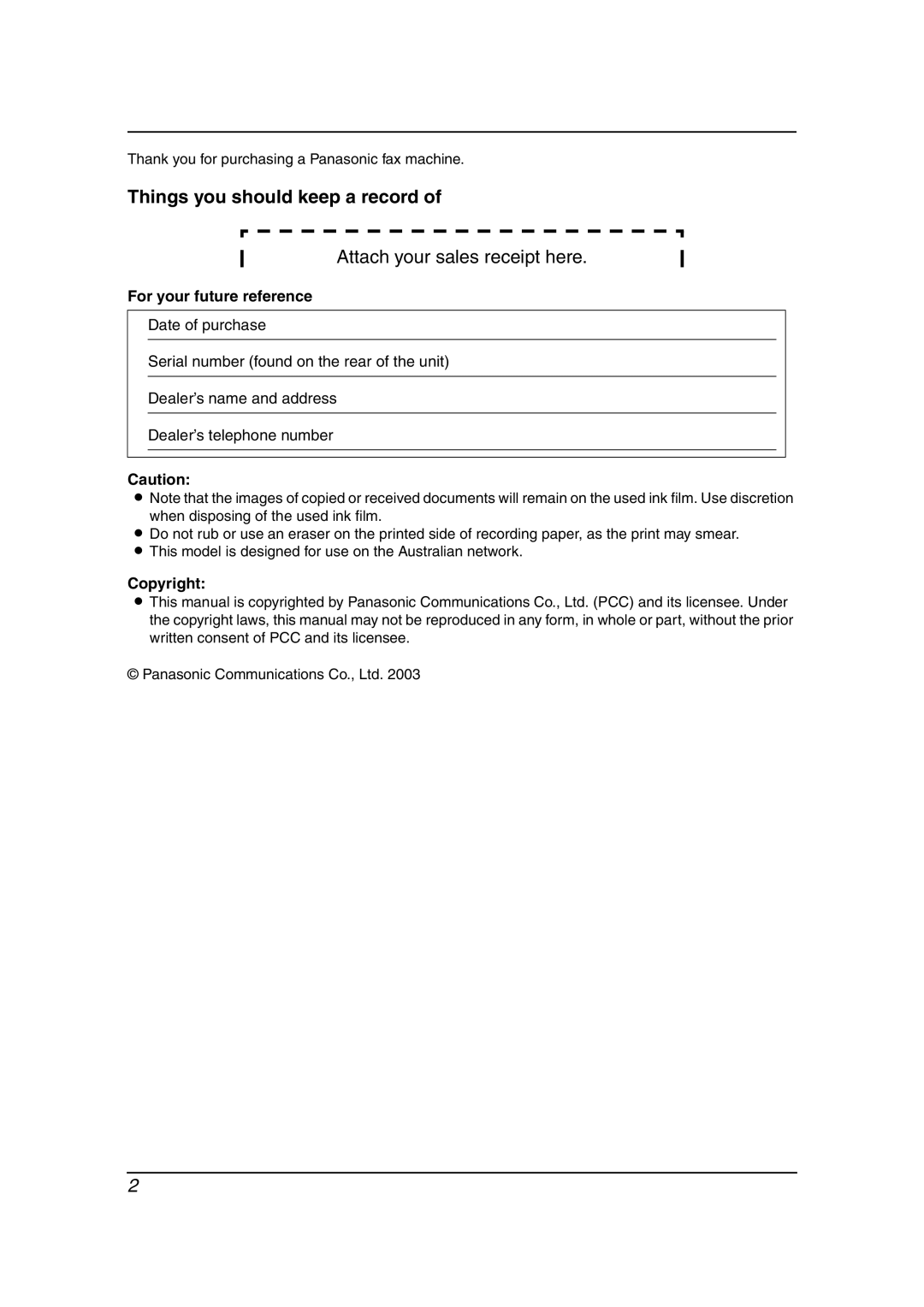 Panasonic KX-FC195AL manual For your future reference, Copyright 