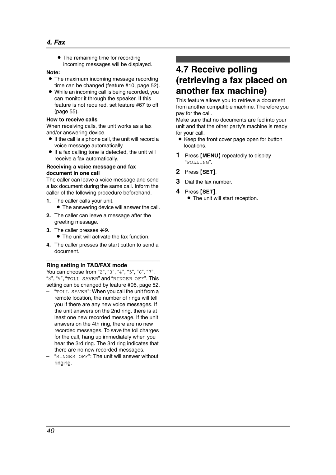 Panasonic KX-FC195AL manual Receiving a voice message and fax document in one call, Ring setting in TAD/FAX mode 