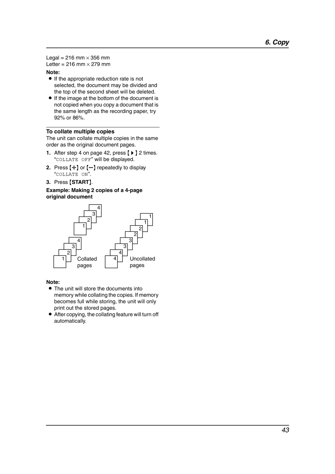 Panasonic KX-FC195AL manual To collate multiple copies, Example Making 2 copies of a 4-page original document 