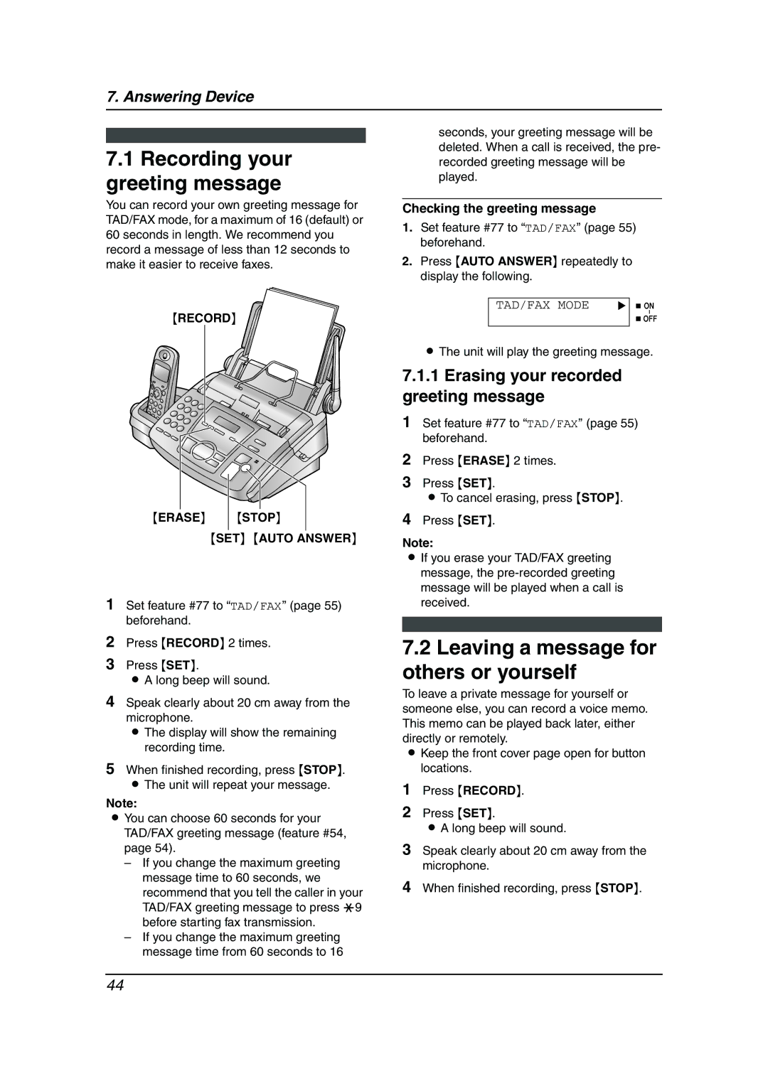 Panasonic KX-FC195AL manual Recording your greeting message, Leaving a message for others or yourself, Stop 