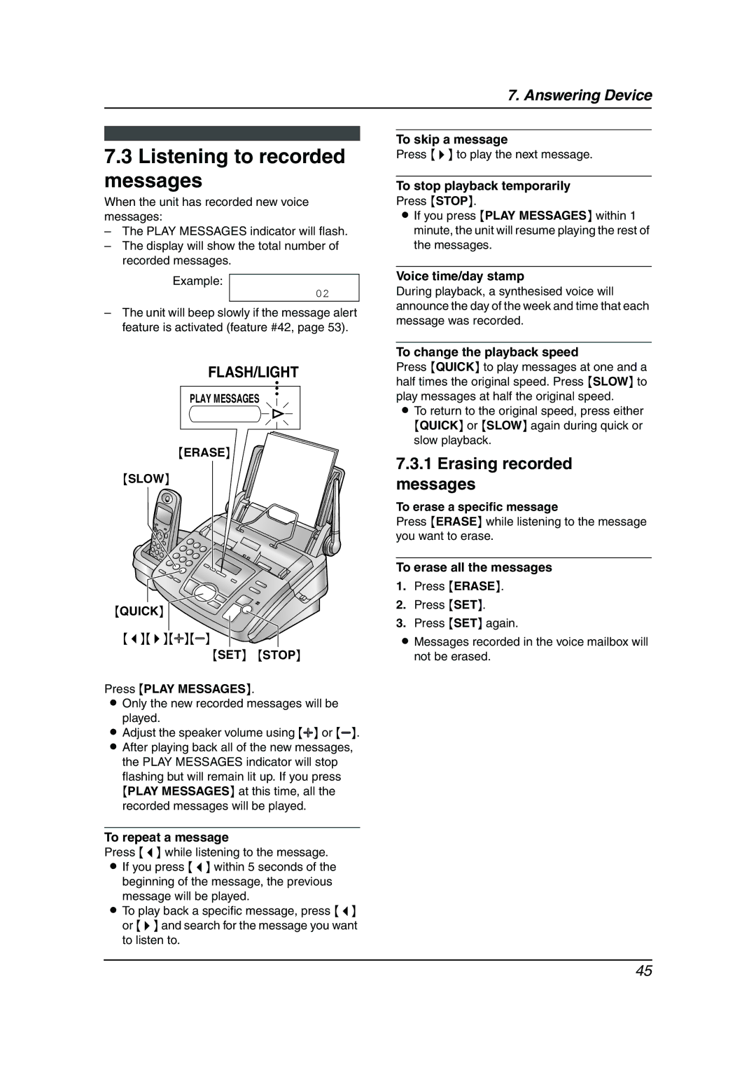 Panasonic KX-FC195AL manual Listening to recorded messages, Erasing recorded messages 