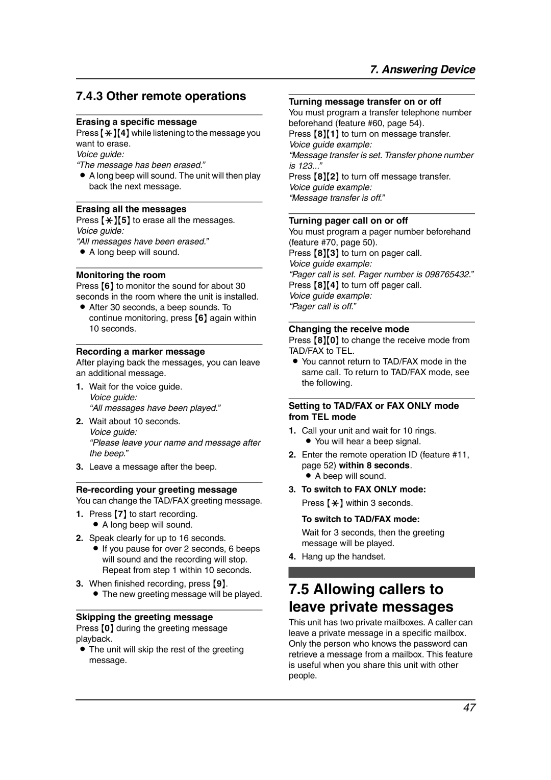 Panasonic KX-FC195AL manual Allowing callers to leave private messages, Other remote operations 