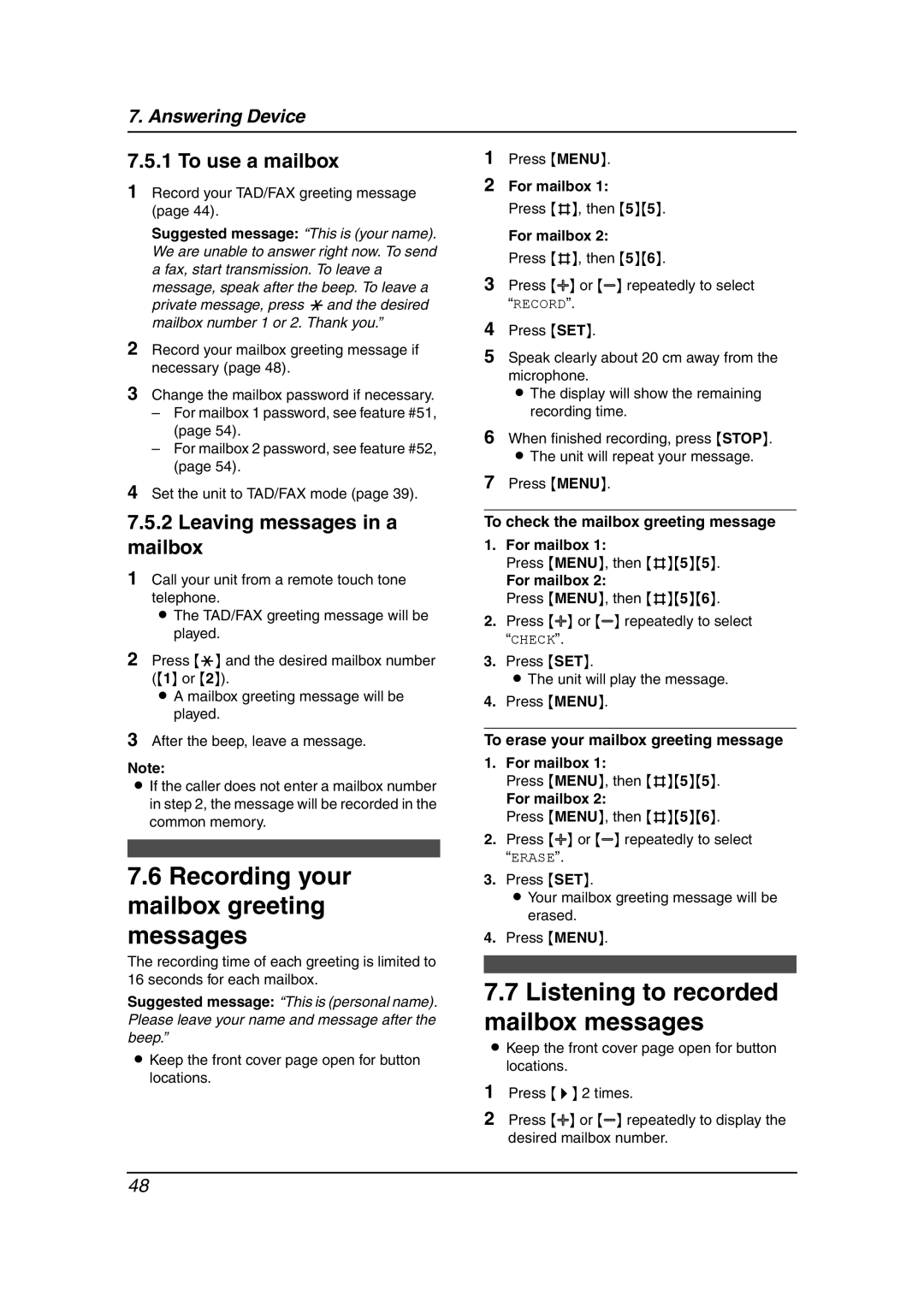 Panasonic KX-FC195AL Recording your mailbox greeting messages, Listening to recorded mailbox messages, To use a mailbox 