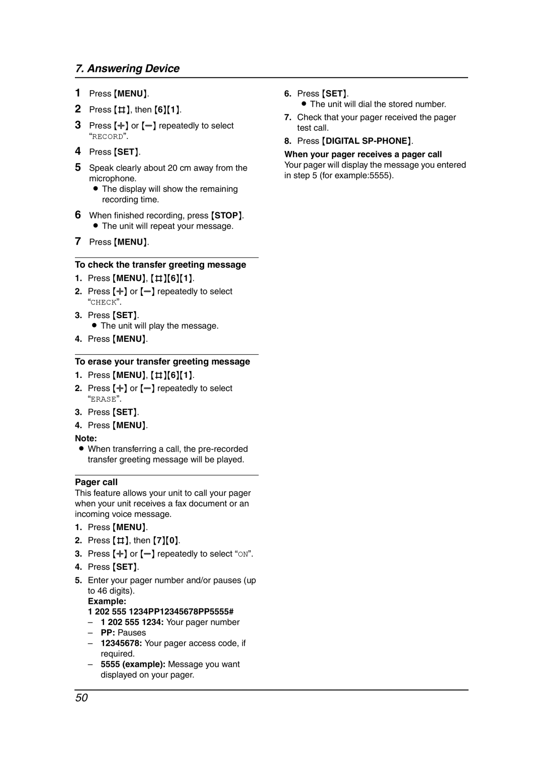 Panasonic KX-FC195AL manual To check the transfer greeting message, To erase your transfer greeting message, Pager call 