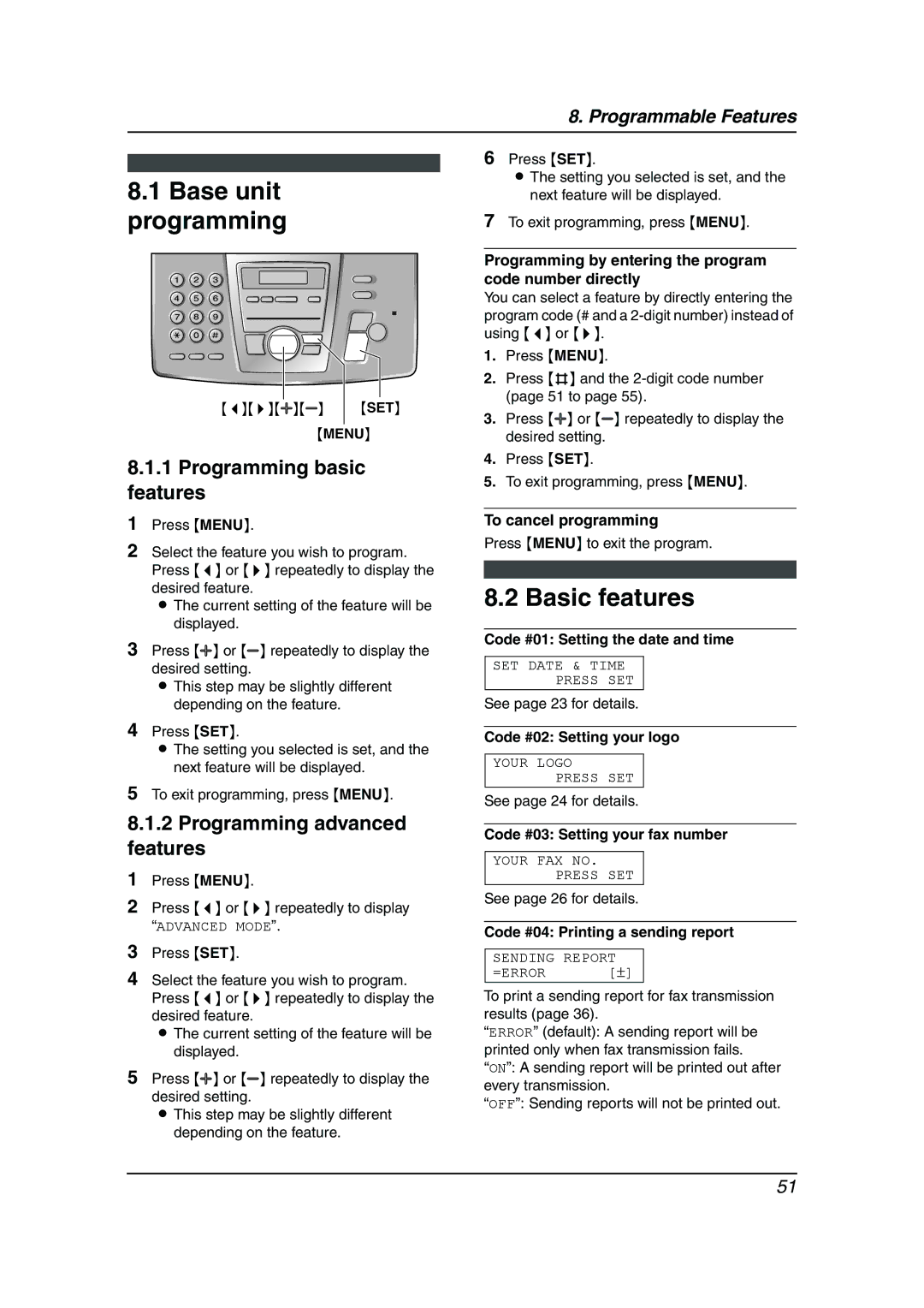 Panasonic KX-FC195AL Base unit programming, Basic features, Programming basic features, Programming advanced features 