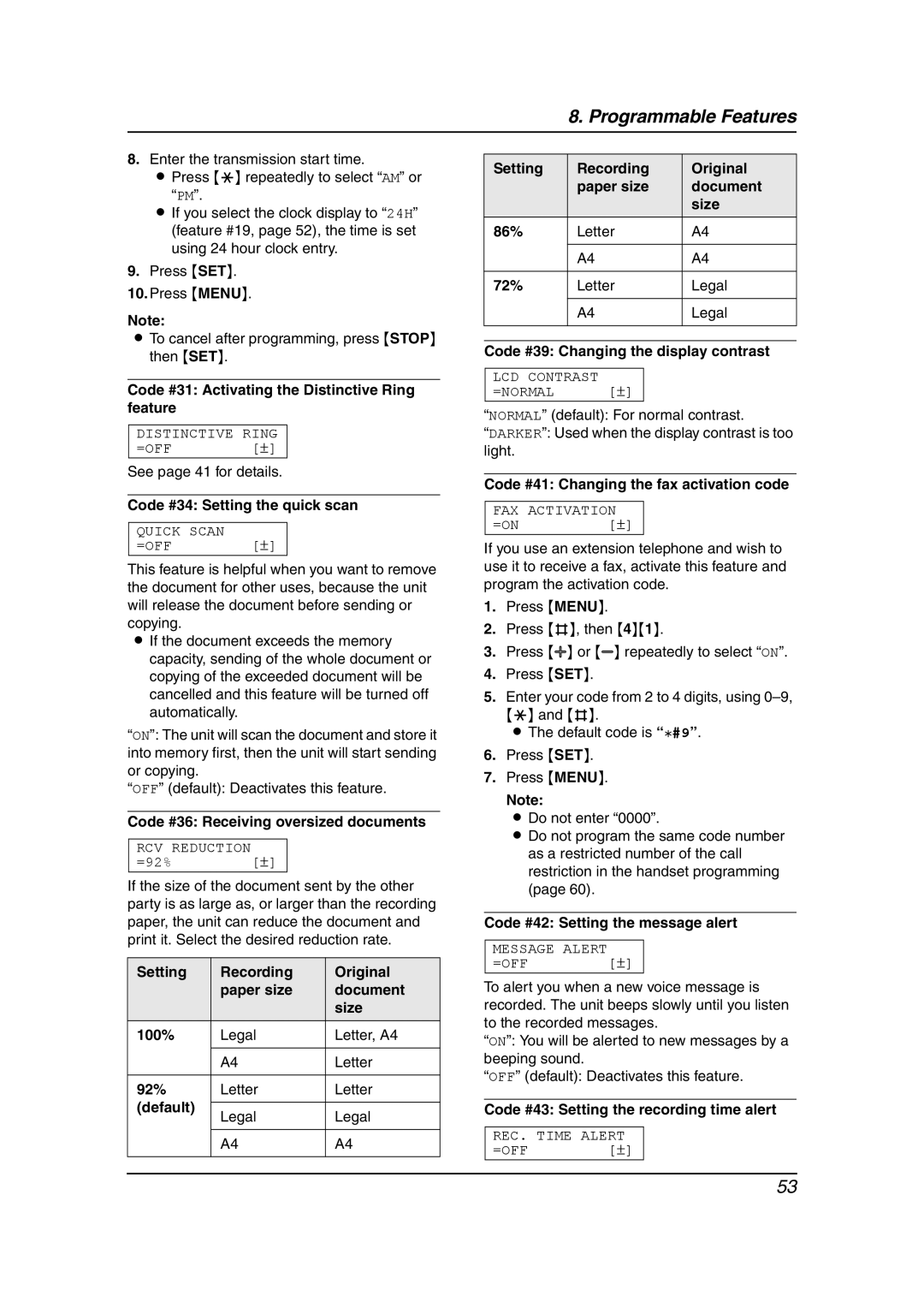 Panasonic KX-FC195AL manual Code #31 Activating the Distinctive Ring feature, Code #34 Setting the quick scan 