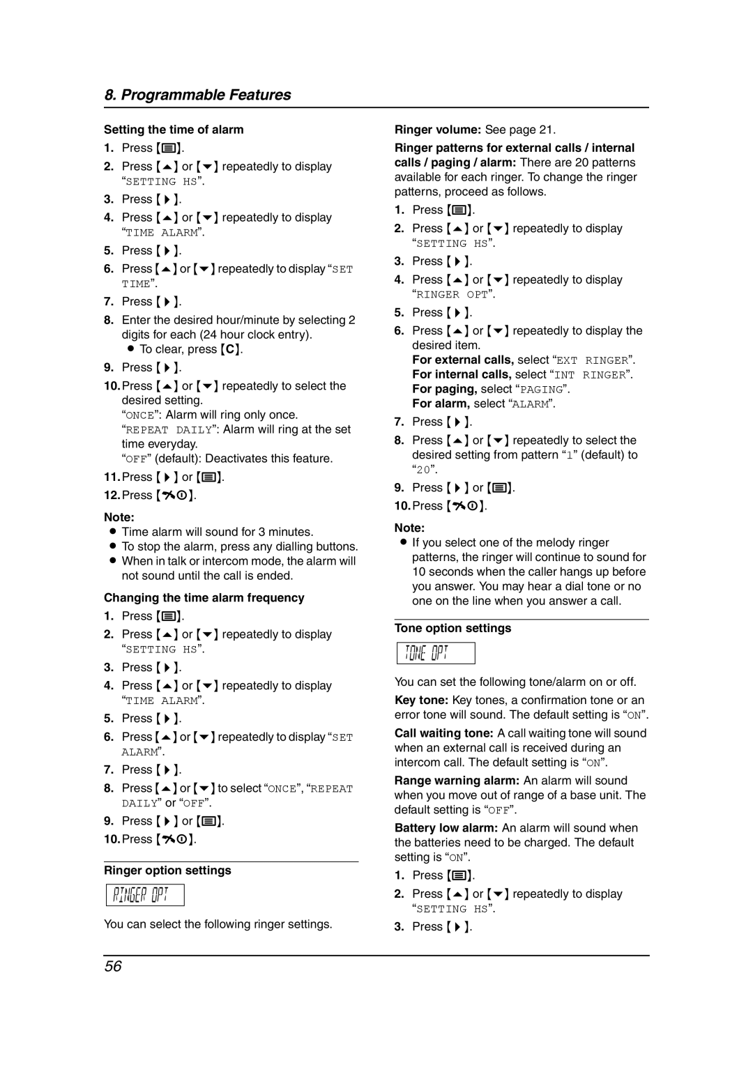 Panasonic KX-FC195AL manual Setting the time of alarm, Changing the time alarm frequency, Ringer option settings 