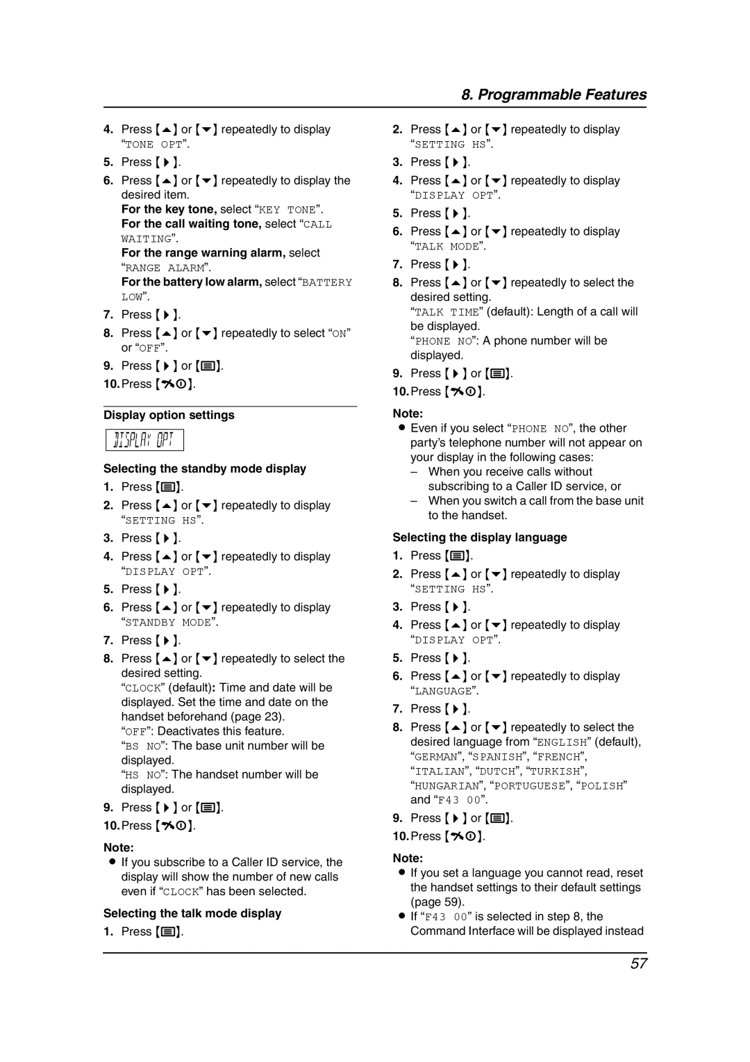 Panasonic KX-FC195AL manual Display option settings Selecting the standby mode display, Selecting the talk mode display 