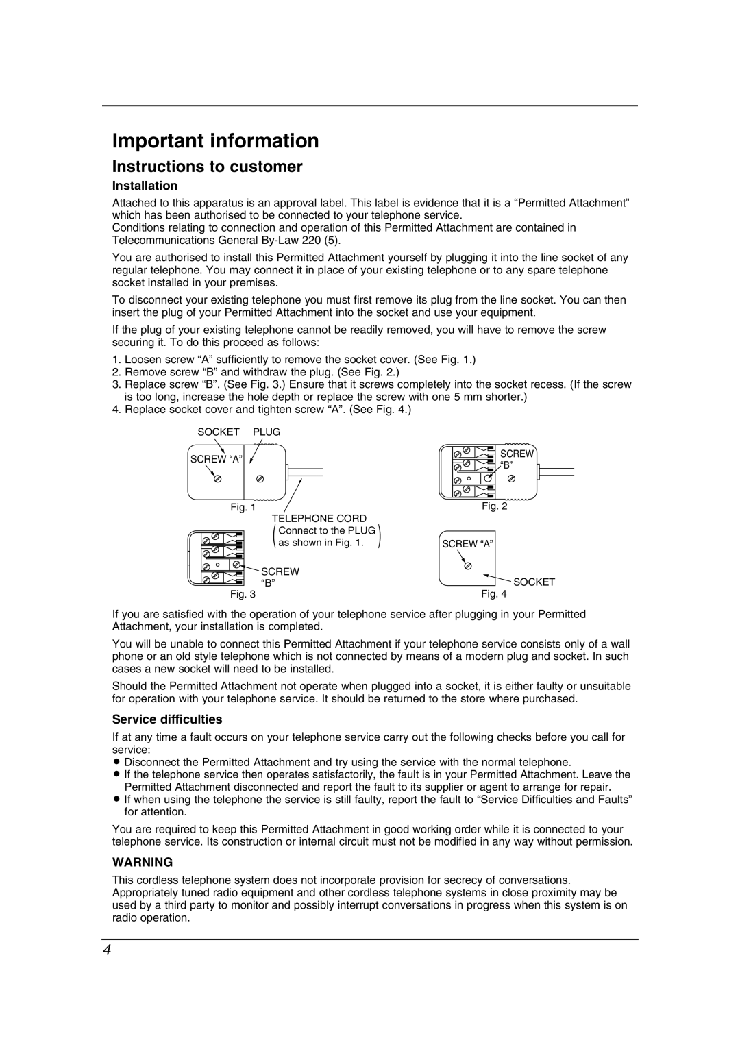 Panasonic KX-FC195AL manual Important information, Instructions to customer, Installation, Service difficulties 