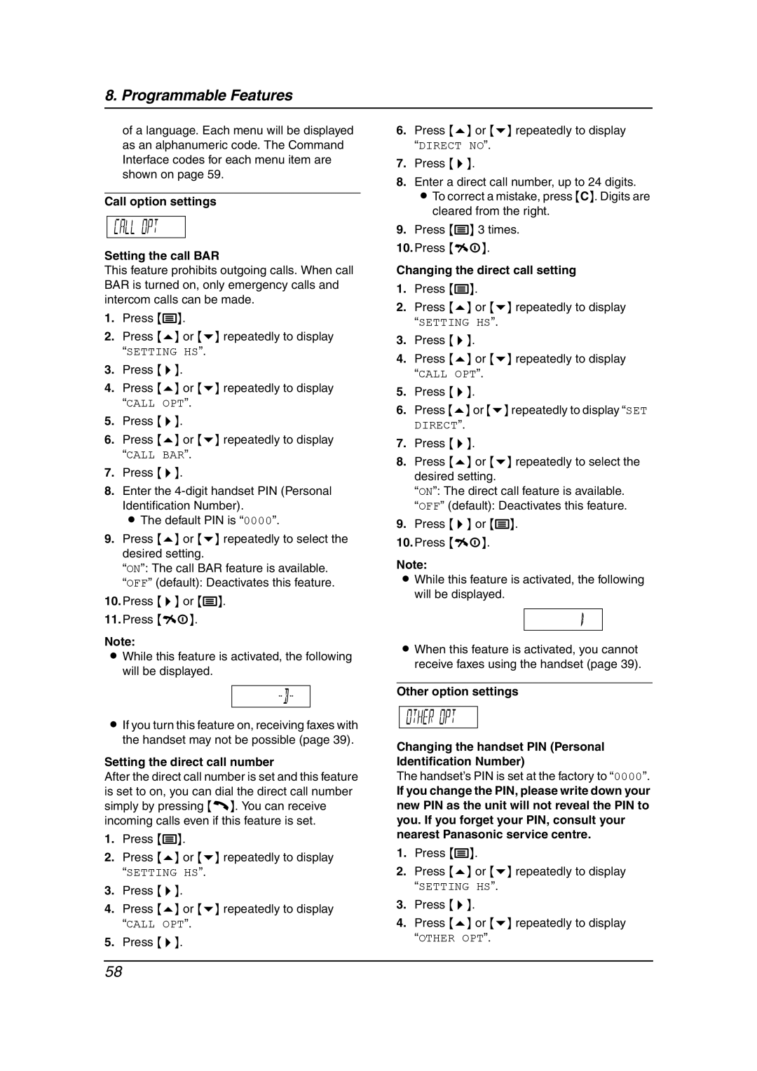 Panasonic KX-FC195AL manual Call option settings Setting the call BAR, Setting the direct call number 