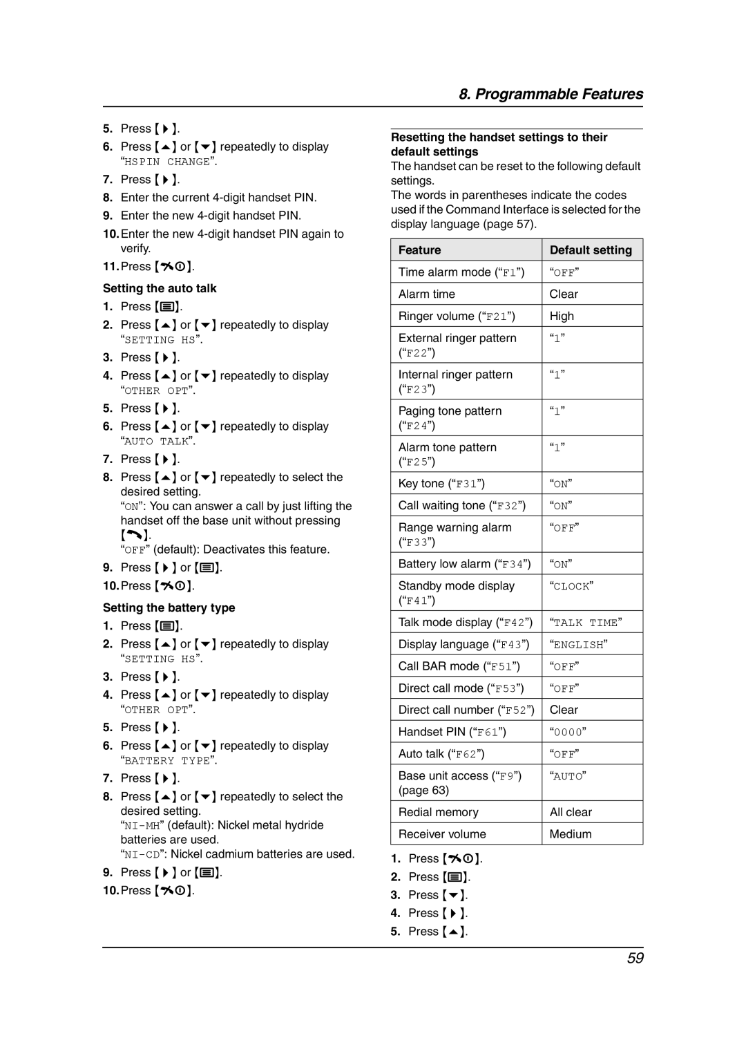 Panasonic KX-FC195AL manual Setting the auto talk, Setting the battery type, Feature Default setting 