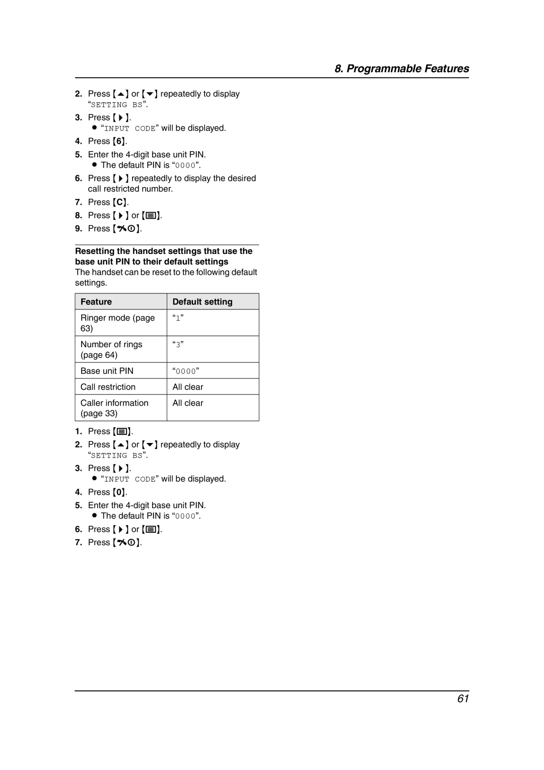 Panasonic KX-FC195AL manual Handset can be reset to the following default settings 