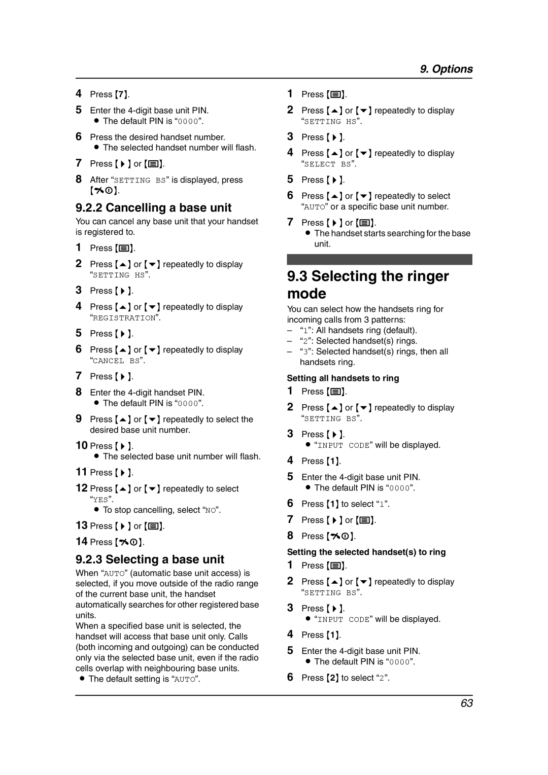 Panasonic KX-FC195AL manual Selecting the ringer mode, Cancelling a base unit, Selecting a base unit 