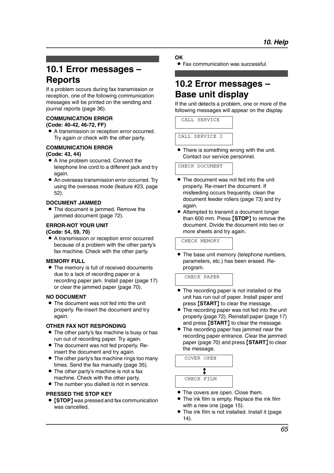 Panasonic KX-FC195AL Error messages Reports, Error messages Base unit display, Communication Error Code 40-42, 46-72, FF 