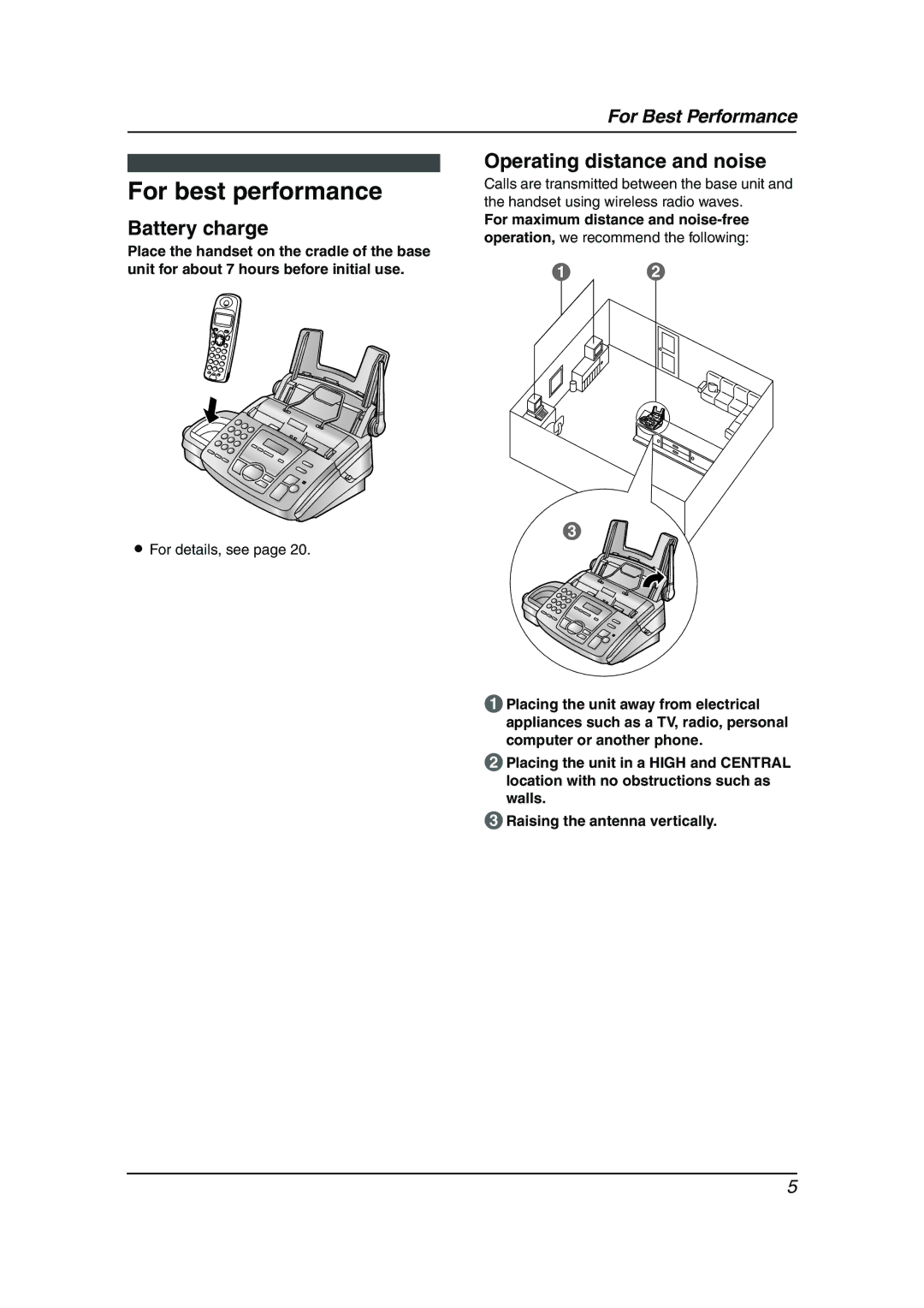 Panasonic KX-FC195AL manual For best performance, Battery charge, Operating distance and noise 