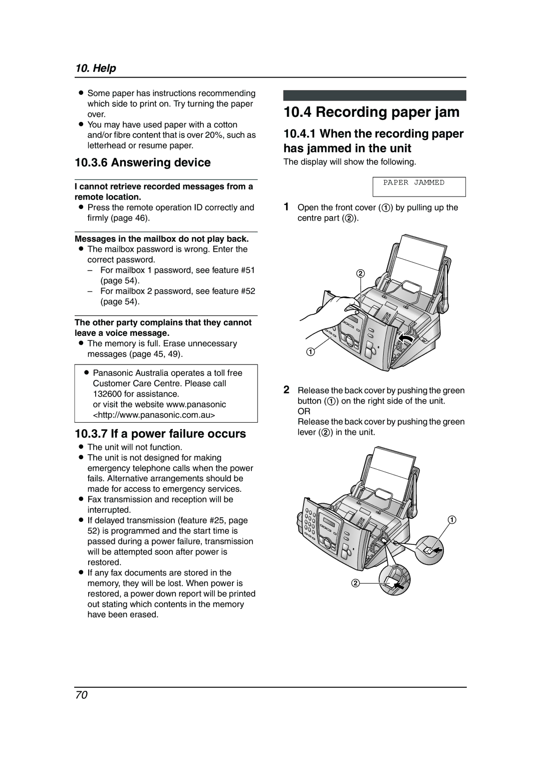 Panasonic KX-FC195AL manual Recording paper jam, Answering device, If a power failure occurs 