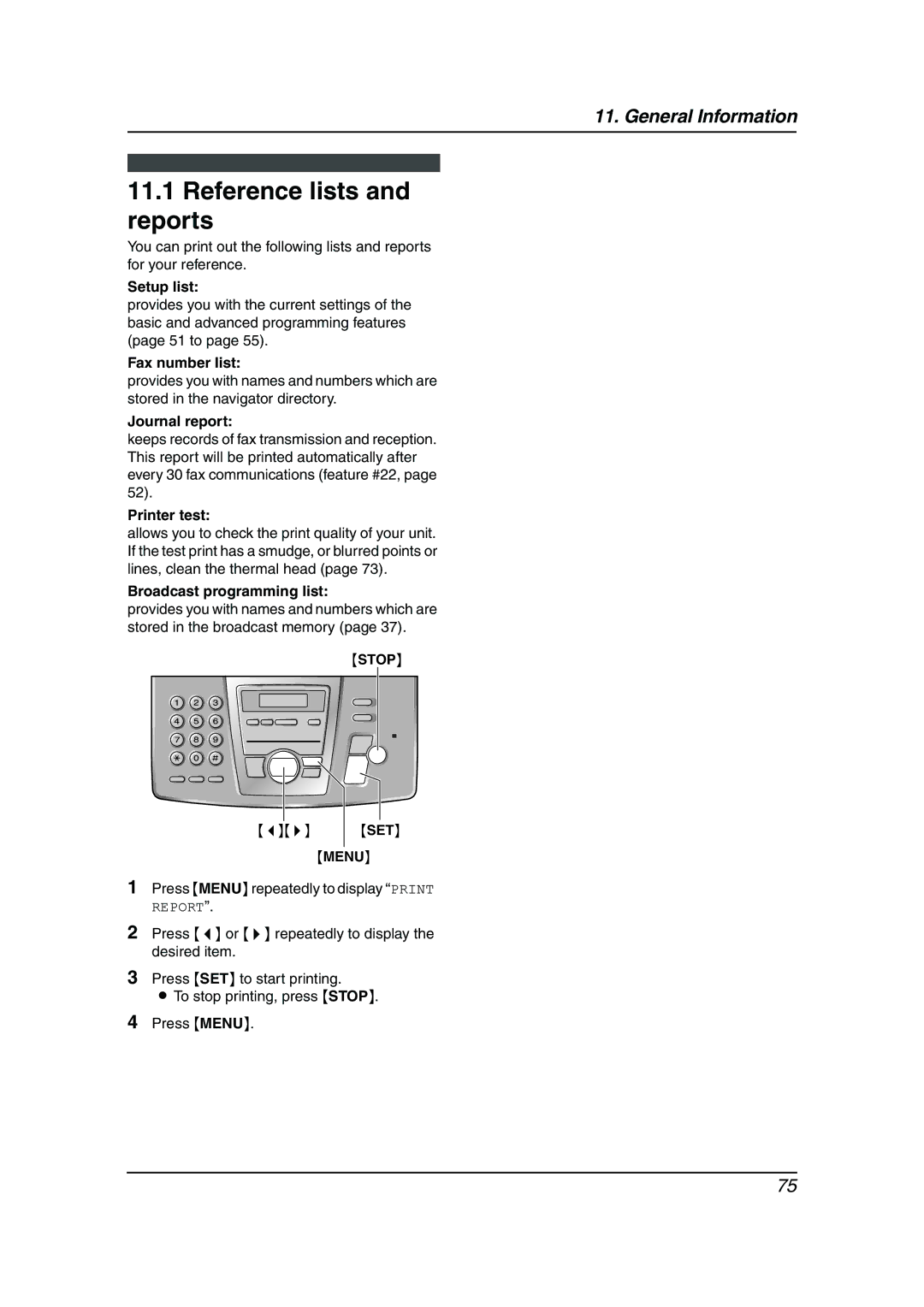 Panasonic KX-FC195AL Reference lists and reports, Setup list, Fax number list, Printer test, Broadcast programming list 