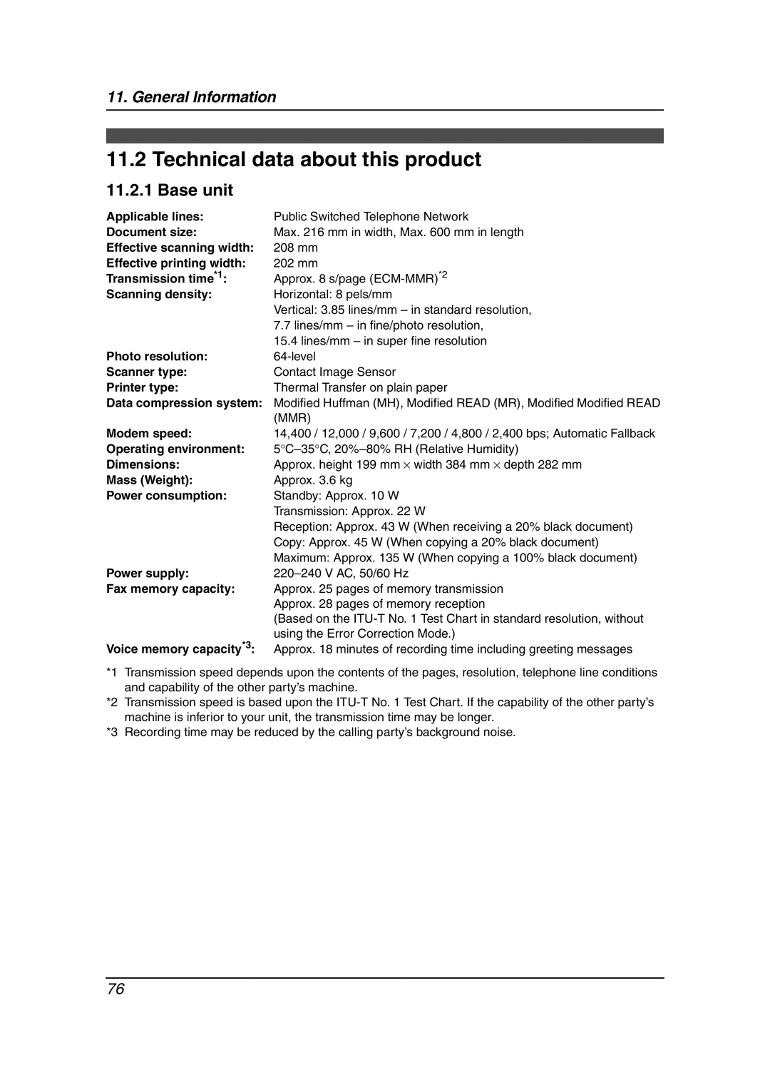 Panasonic KX-FC195AL manual Technical data about this product 