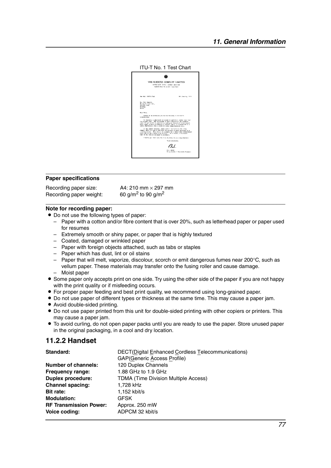 Panasonic KX-FC195AL manual Paper specifications, Standard, Number of channels, Frequency range, Duplex procedure, Bit rate 