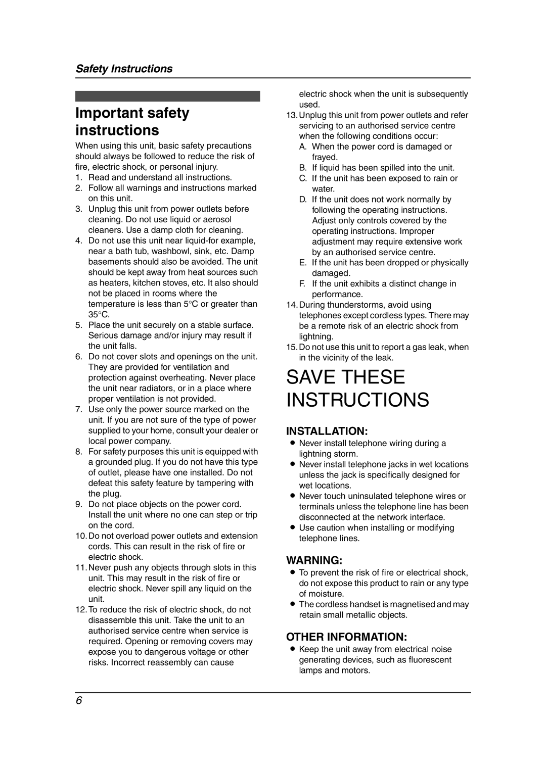 Panasonic KX-FC195AL manual Important safety instructions, Installation 