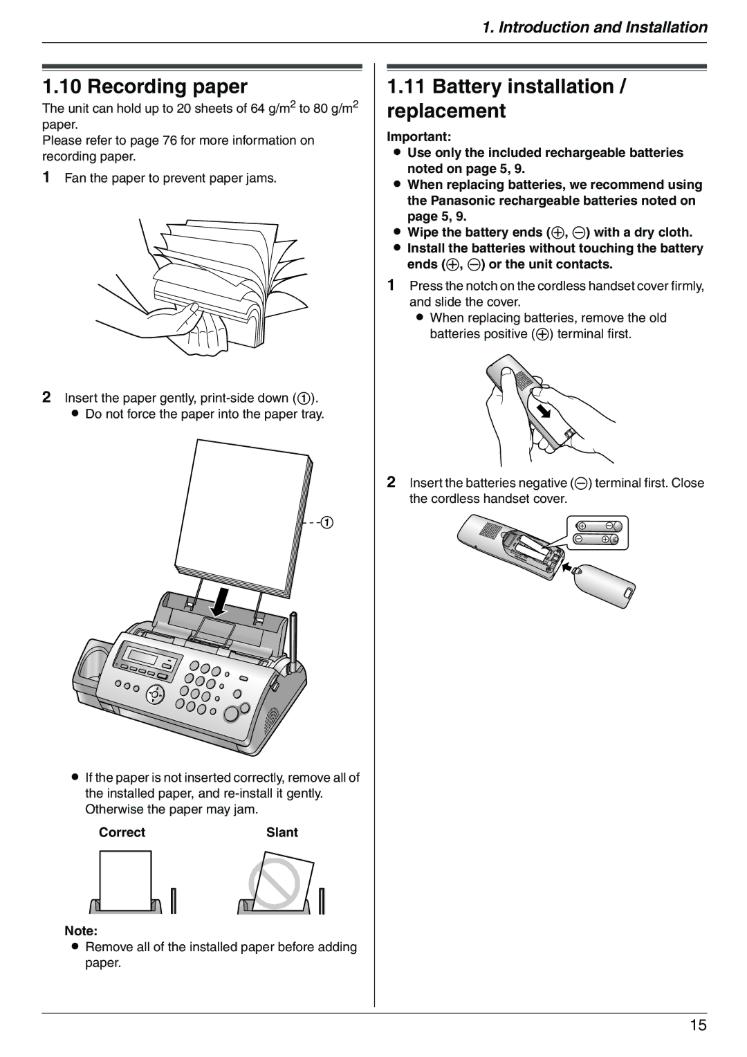 Panasonic KX-FC225AL, KX-FC225NZ manual Recording paper, Battery installation / replacement, CorrectSlant 