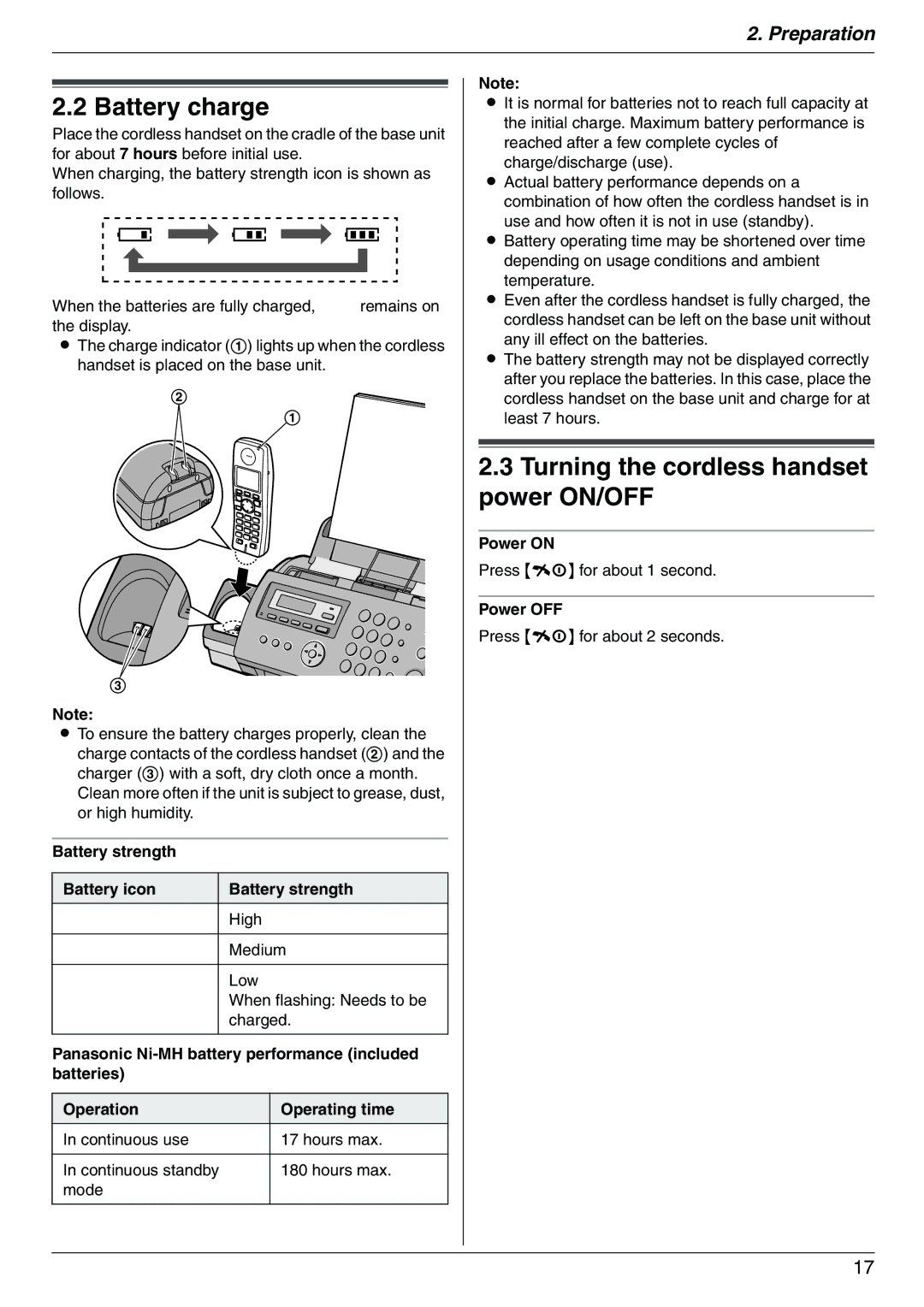 Panasonic KX-FC225AL Battery charge, Turning the cordless handset power ON/OFF, Battery strength Battery icon, Power on 