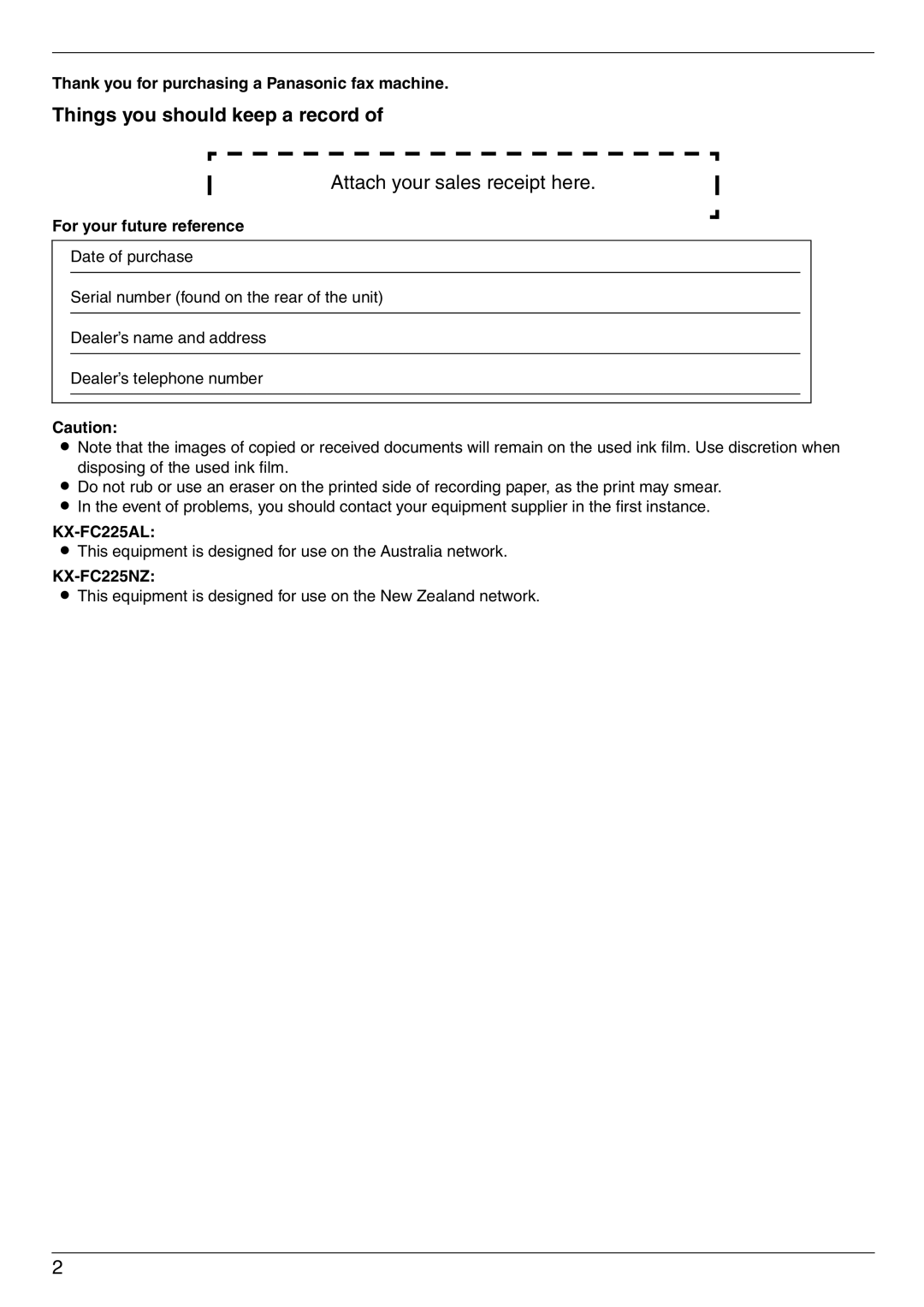 Panasonic KX-FC225NZ manual Things you should keep a record, Thank you for purchasing a Panasonic fax machine, KX-FC225AL 