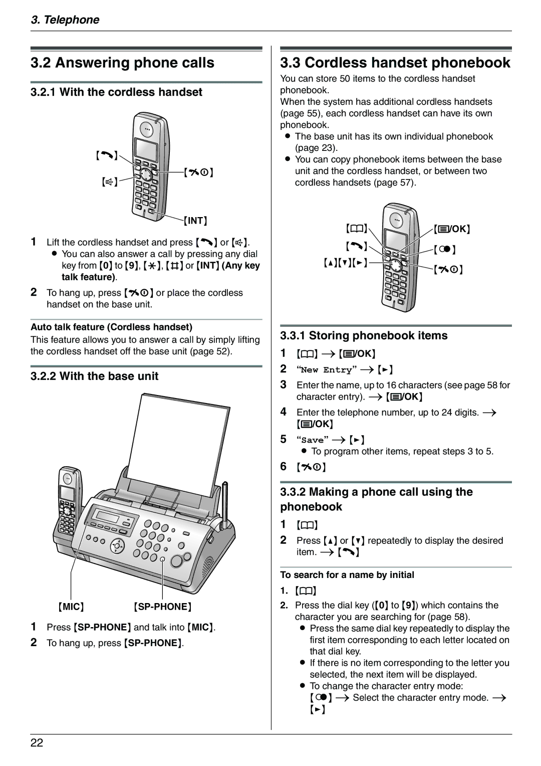 Panasonic KX-FC225NZ, KX-FC225AL Answering phone calls, Cordless handset phonebook, Storing phonebook items, Mic Sp-Phone 