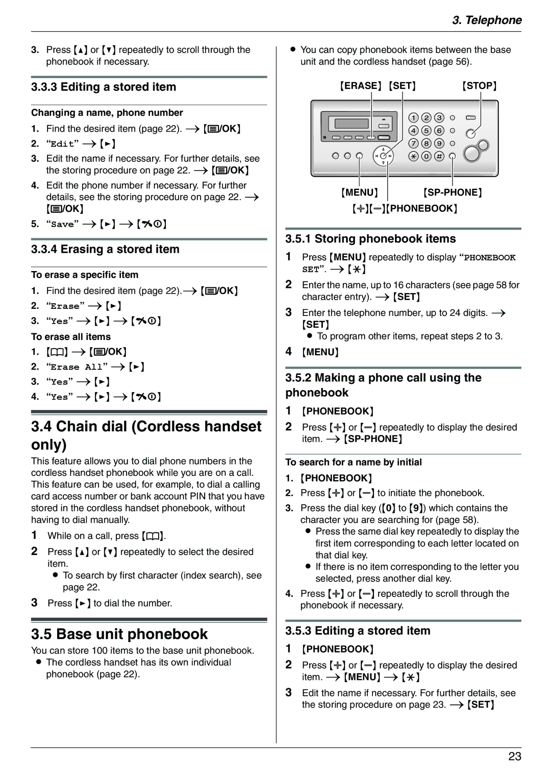 Panasonic KX-FC225AL Chain dial Cordless handset only, Base unit phonebook, Editing a stored item, Erasing a stored item 