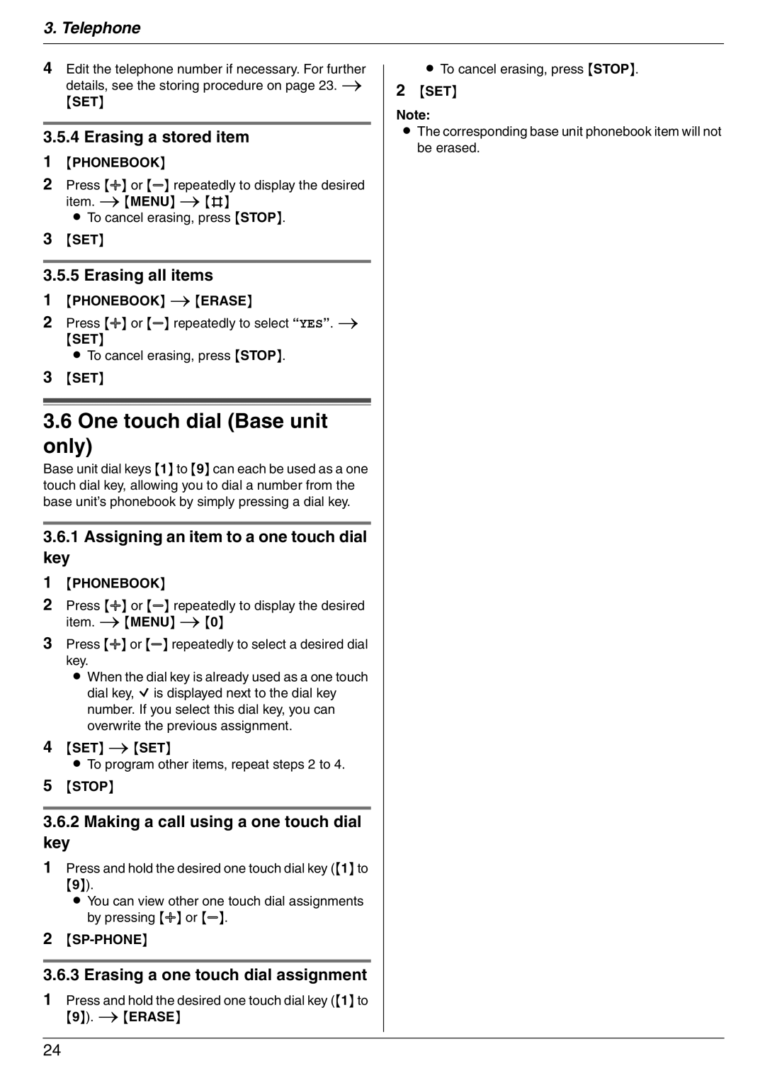 Panasonic KX-FC225NZ manual One touch dial Base unit only, Erasing all items, Assigning an item to a one touch dial Key 