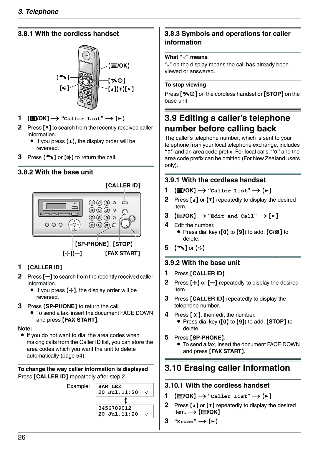 Panasonic KX-FC225NZ, KX-FC225AL manual Editing a caller’s telephone number before calling back, Erasing caller information 