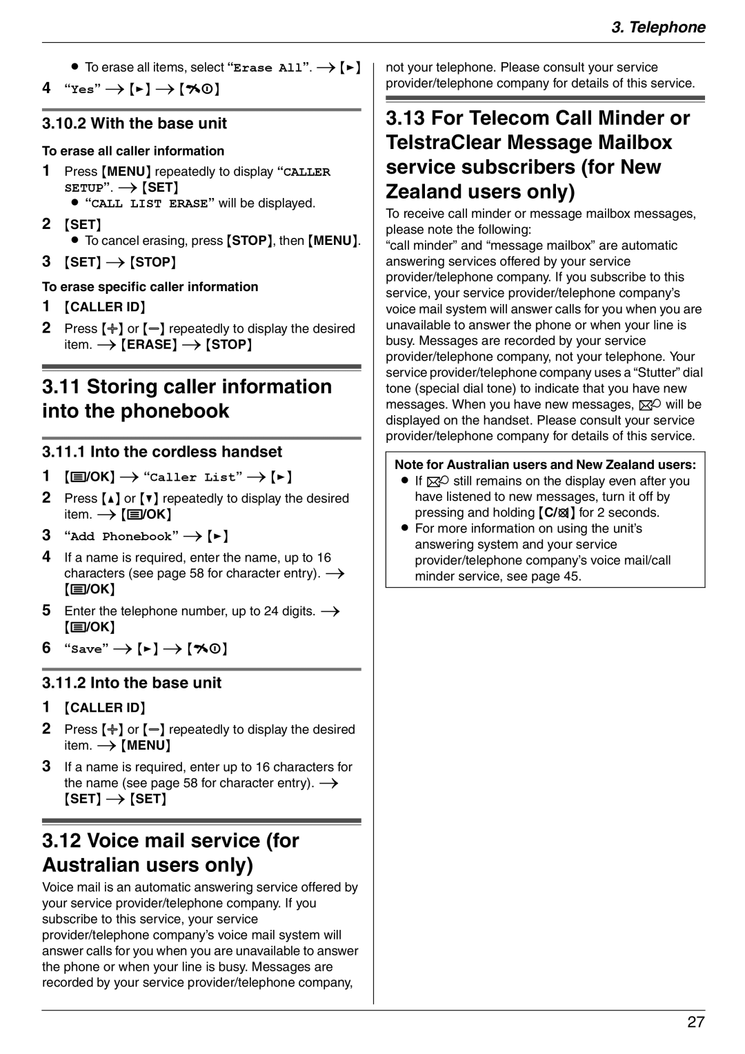 Panasonic KX-FC225AL manual Storing caller information into the phonebook, Voice mail service for Australian users only 