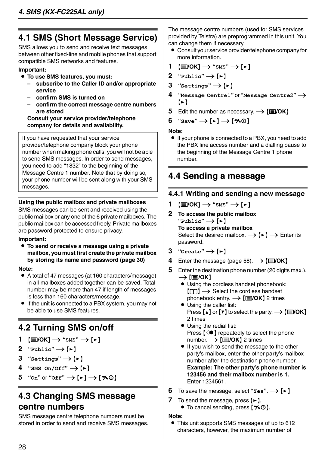 Panasonic KX-FC225NZ SMS Short Message Service, Turning SMS on/off, Changing SMS message centre numbers, Sending a message 