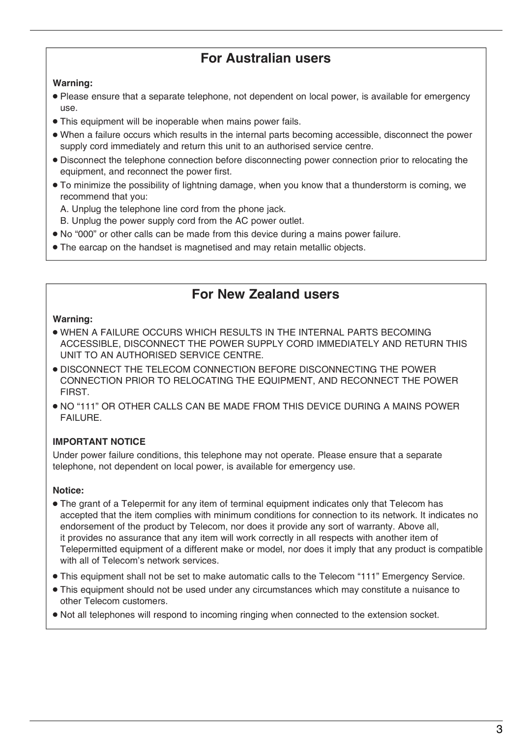 Panasonic KX-FC225AL, KX-FC225NZ manual For Australian users, Important Notice 