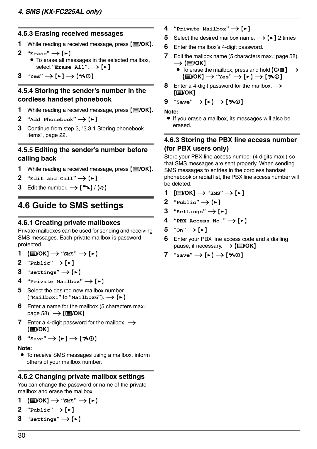 Panasonic KX-FC225NZ, KX-FC225AL manual Guide to SMS settings 