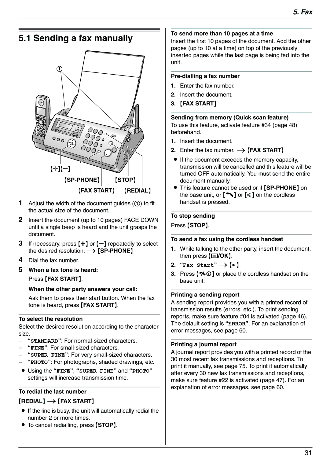 Panasonic KX-FC225AL, KX-FC225NZ Sending a fax manually, SP-PHONE Stop FAX Start Redial 